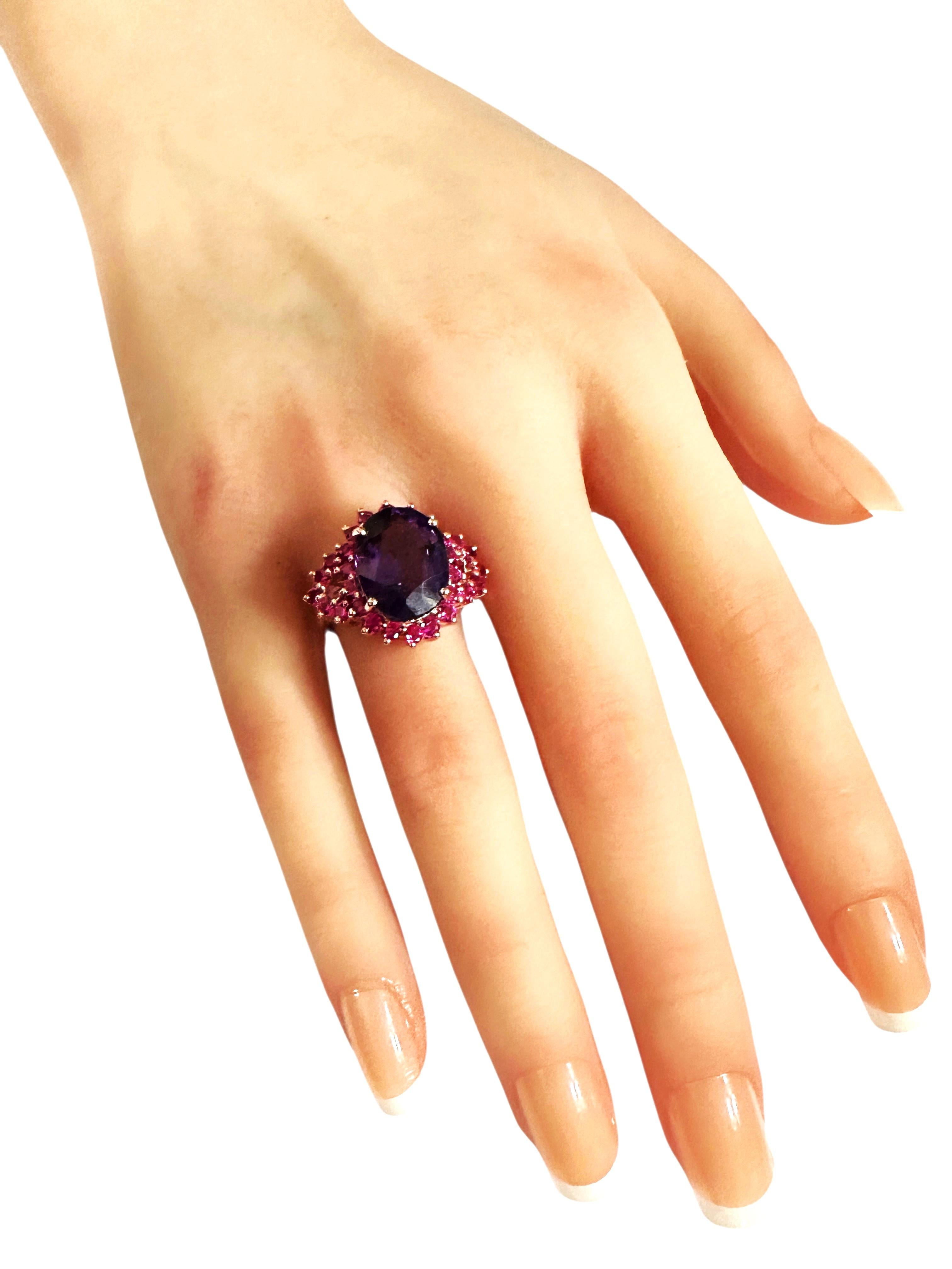 New 7.8 Carat Amethyst & Diamond Cut Sapphire Rose Gold PL Sterling Ring 2