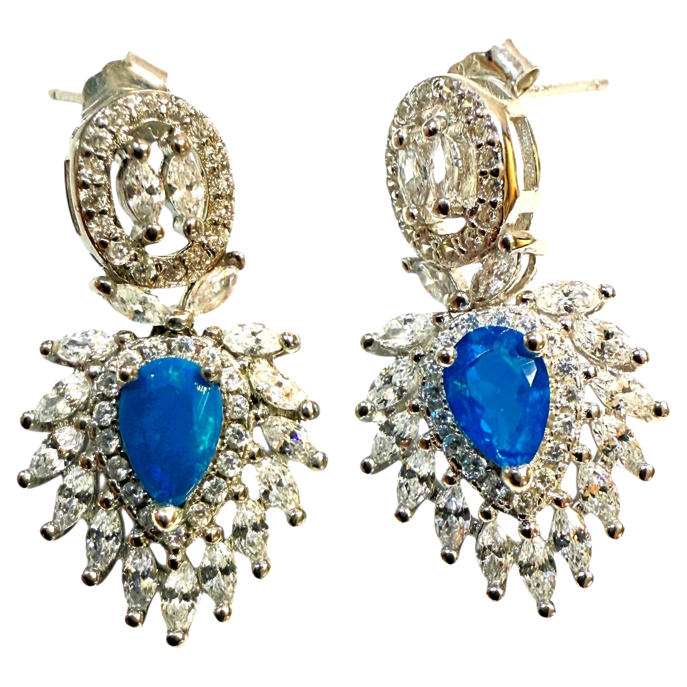 New .78 Carat Blue Opal & Diamond Cut Sapphire 14k W Gold PL Sterling Earrings