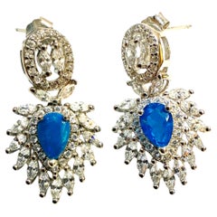 New .78 Carat Blue Opal & Diamond Cut Sapphire 14k W Gold PL Sterling Earrings