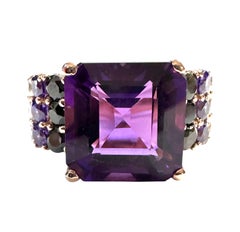 New 7.88 Carat Amethyst & Diamond Cut Sapphires R Gold PL Sterling Silver Ring