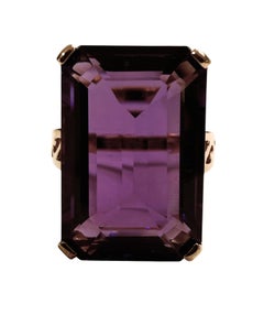New 7.9 Carat Emerald Cut Amethyst w Diamond Cut R Gold PL Band Ring