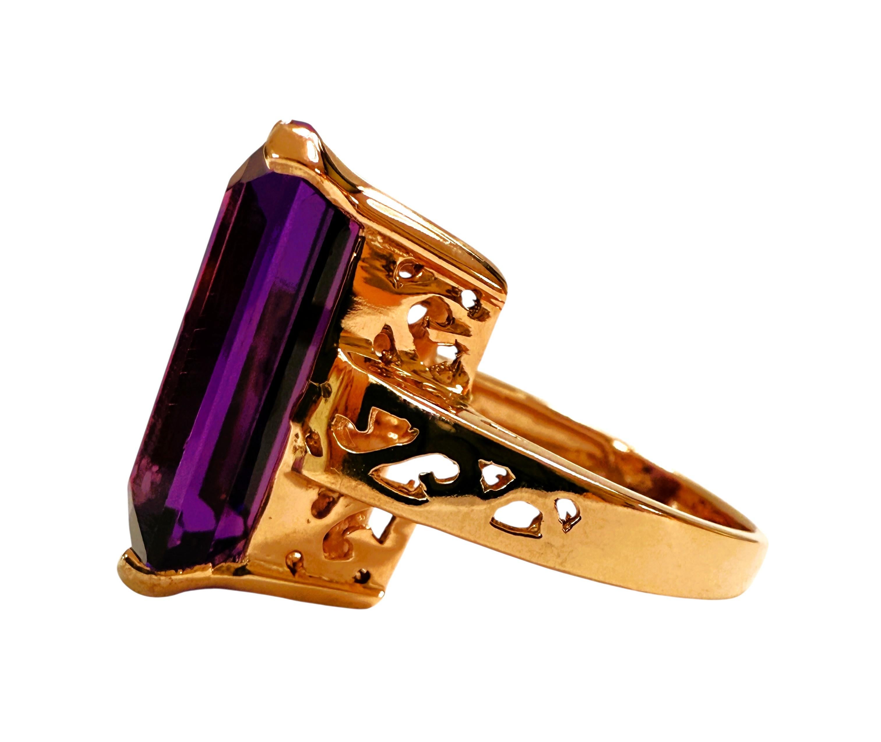 Art Deco New 7.9 Carat Emerald Cut Amethyst w Diamond Cut R Gold PL Band Ring For Sale