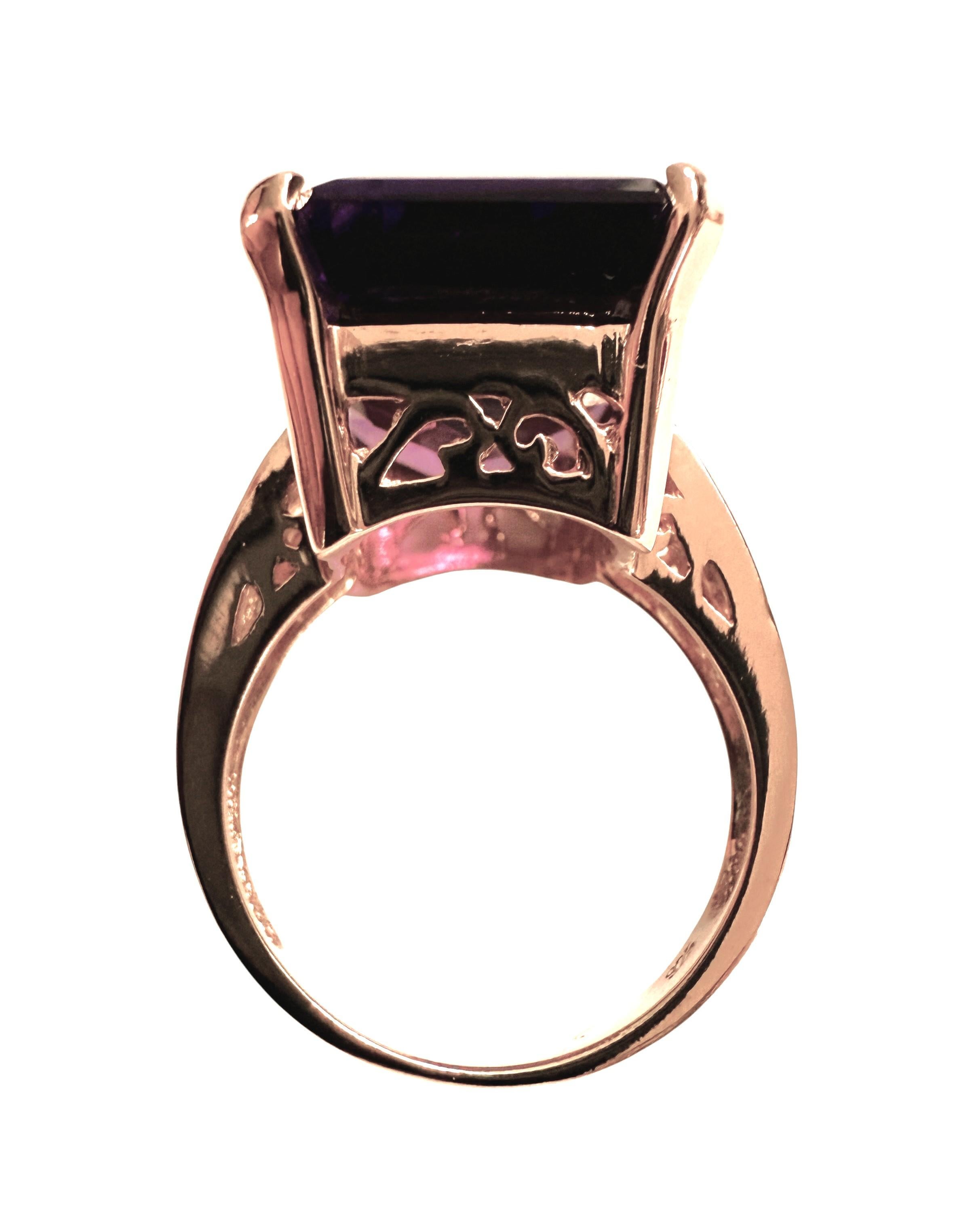 New 7.9 Carat Emerald Cut Amethyst w Diamond Cut R Gold PL Band Ring In New Condition For Sale In Eagan, MN