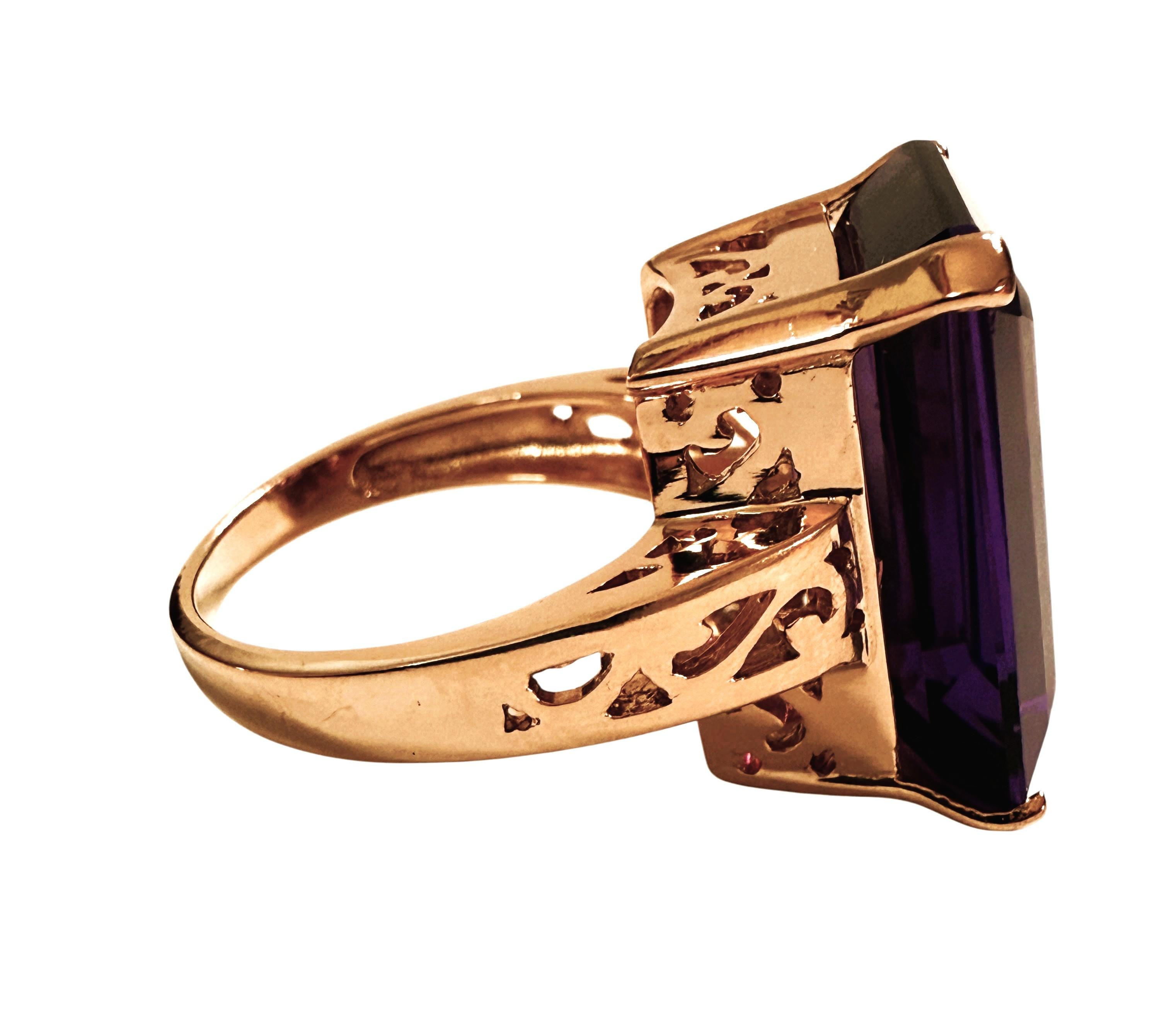 Women's New 7.9 Carat Emerald Cut Amethyst w Diamond Cut R Gold PL Band Ring For Sale