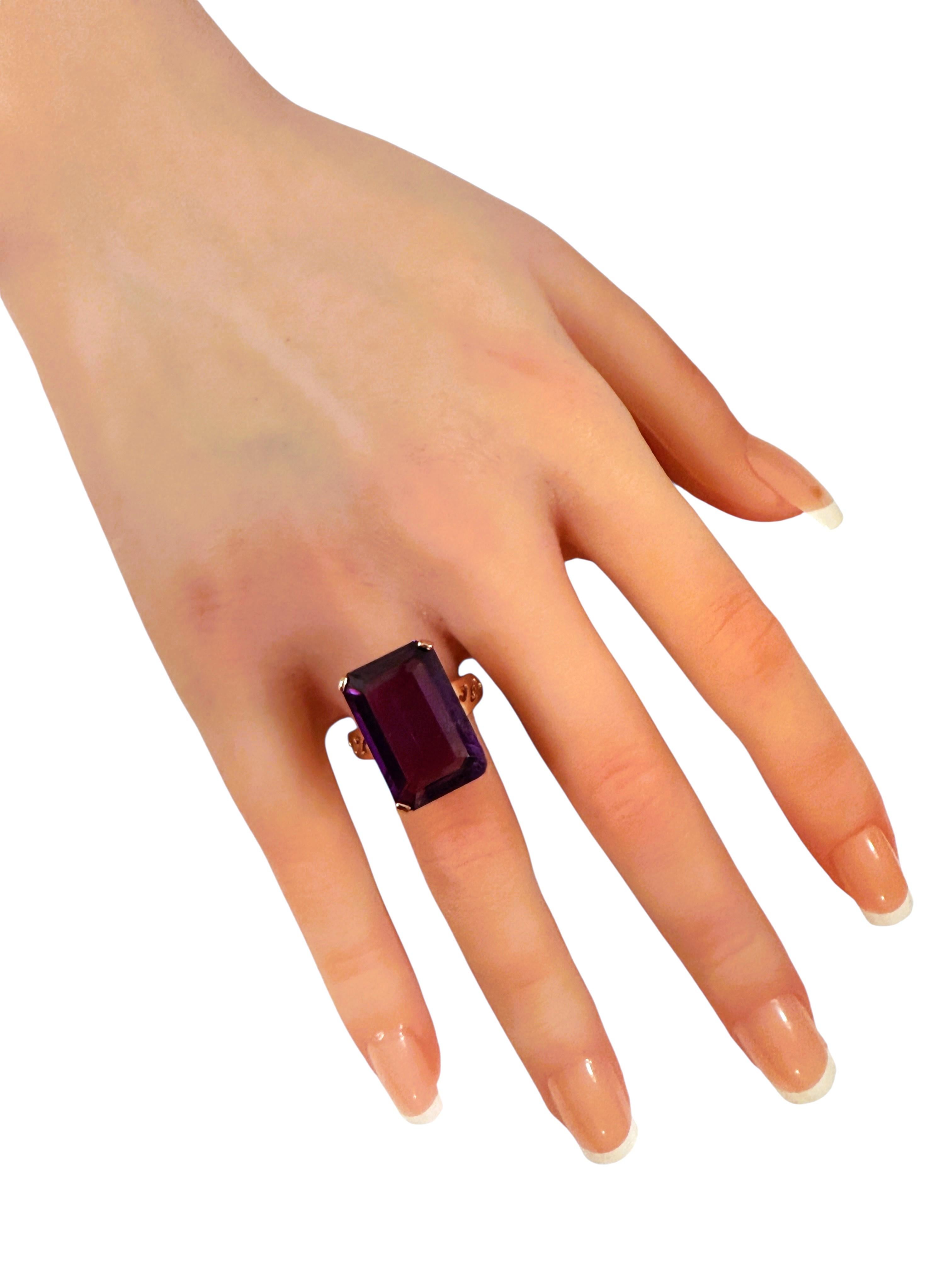 New 7.9 Carat Emerald Cut Amethyst w Diamond Cut R Gold PL Band Ring For Sale 1
