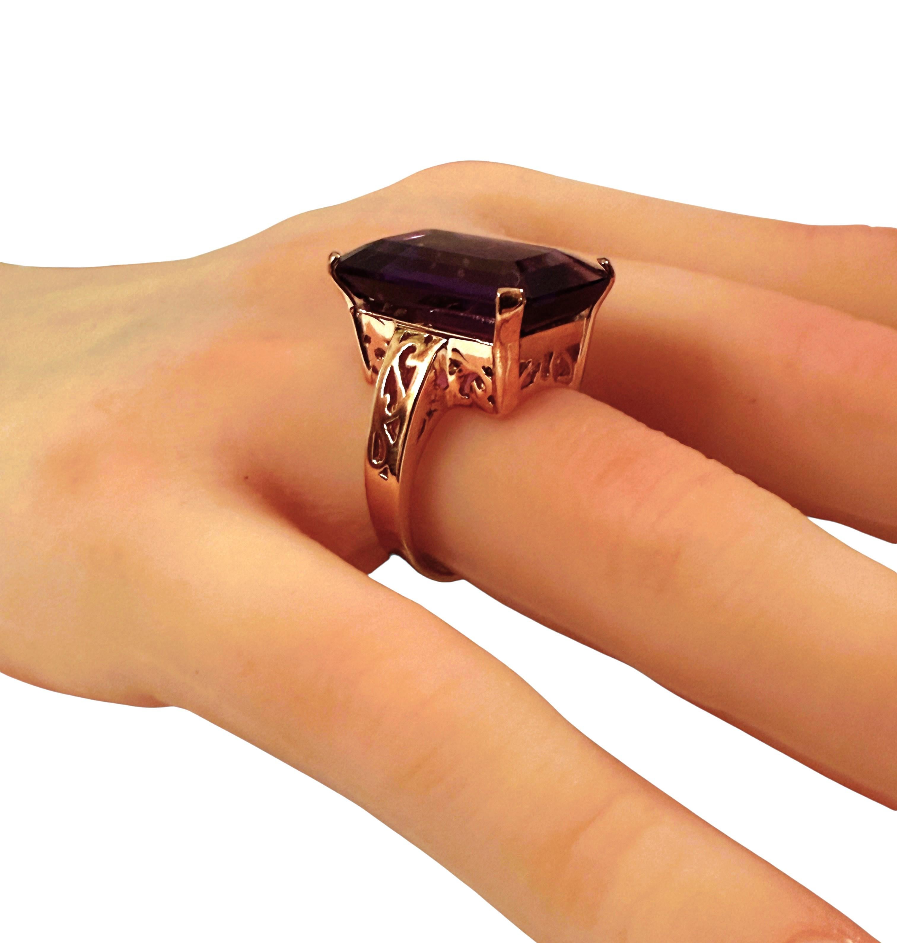 New 7.9 Carat Emerald Cut Amethyst w Diamond Cut R Gold PL Band Ring For Sale 2