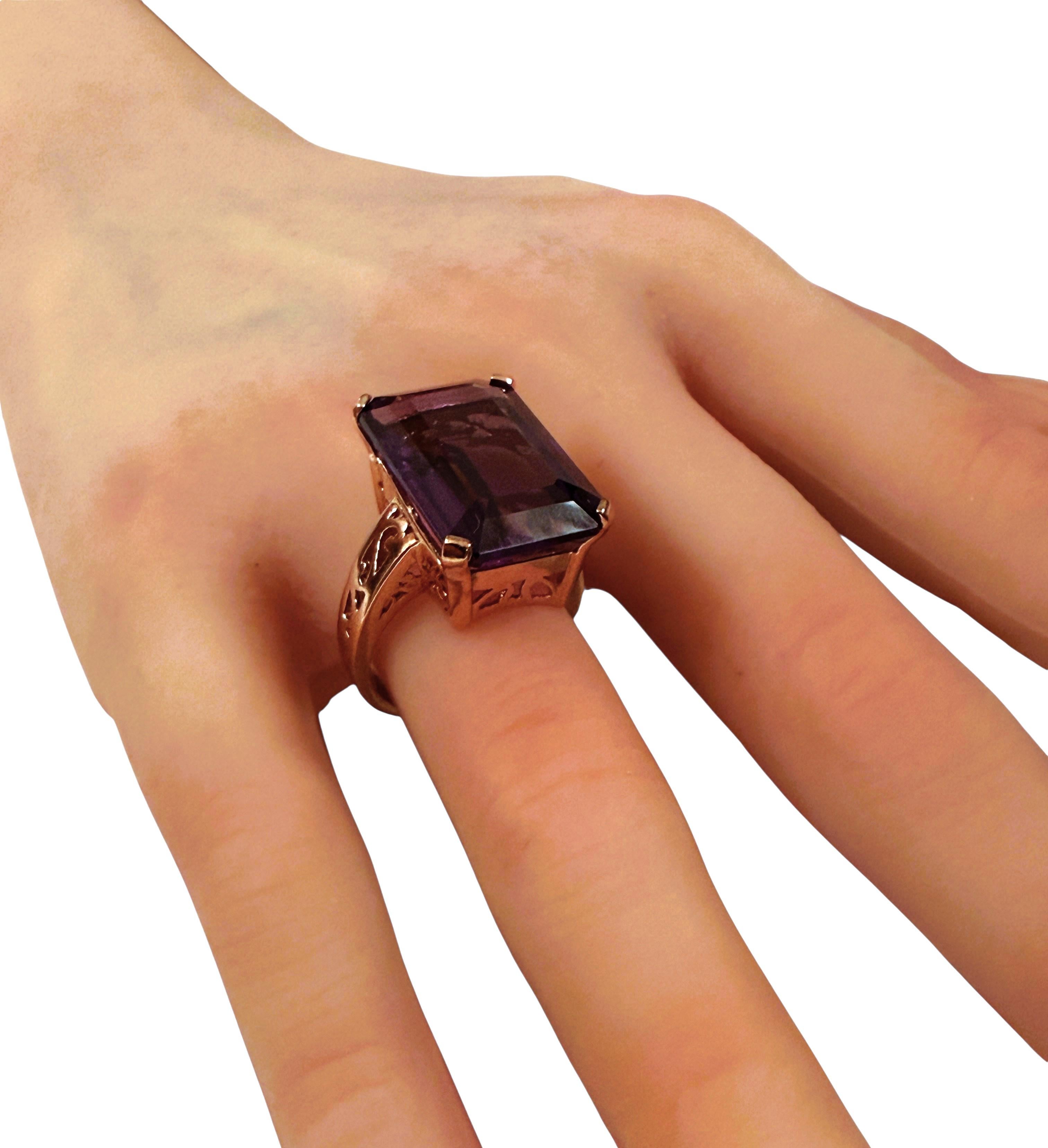 New 7.9 Carat Emerald Cut Amethyst w Diamond Cut R Gold PL Band Ring For Sale 3