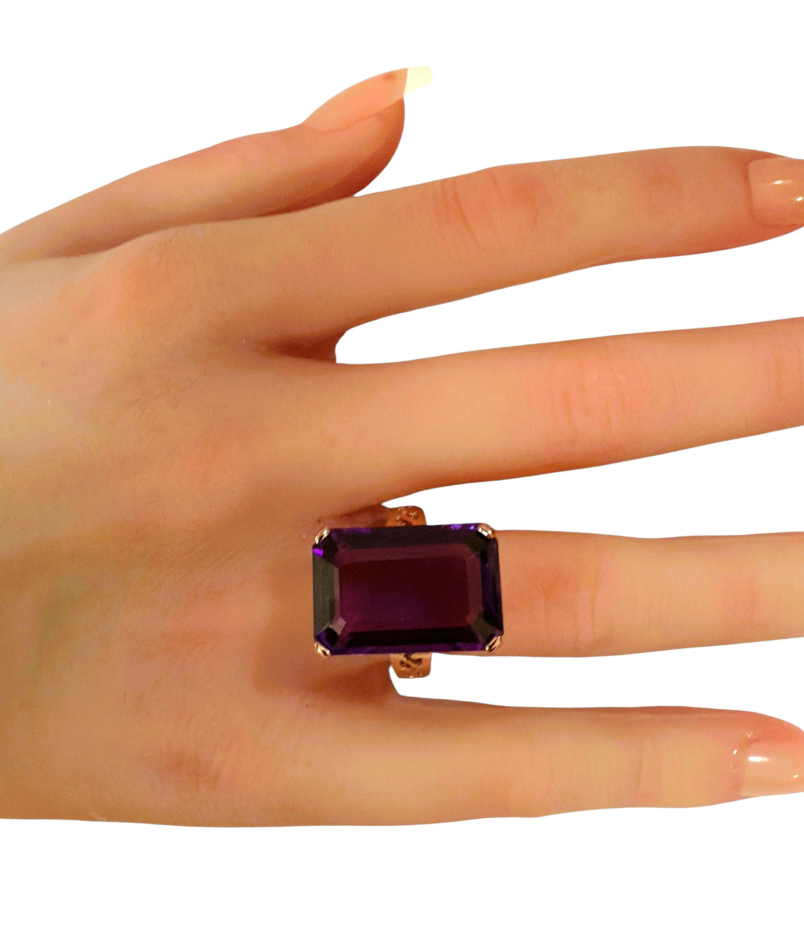 New 7.9 Carat Emerald Cut Amethyst w Diamond Cut R Gold PL Band Ring For Sale 4