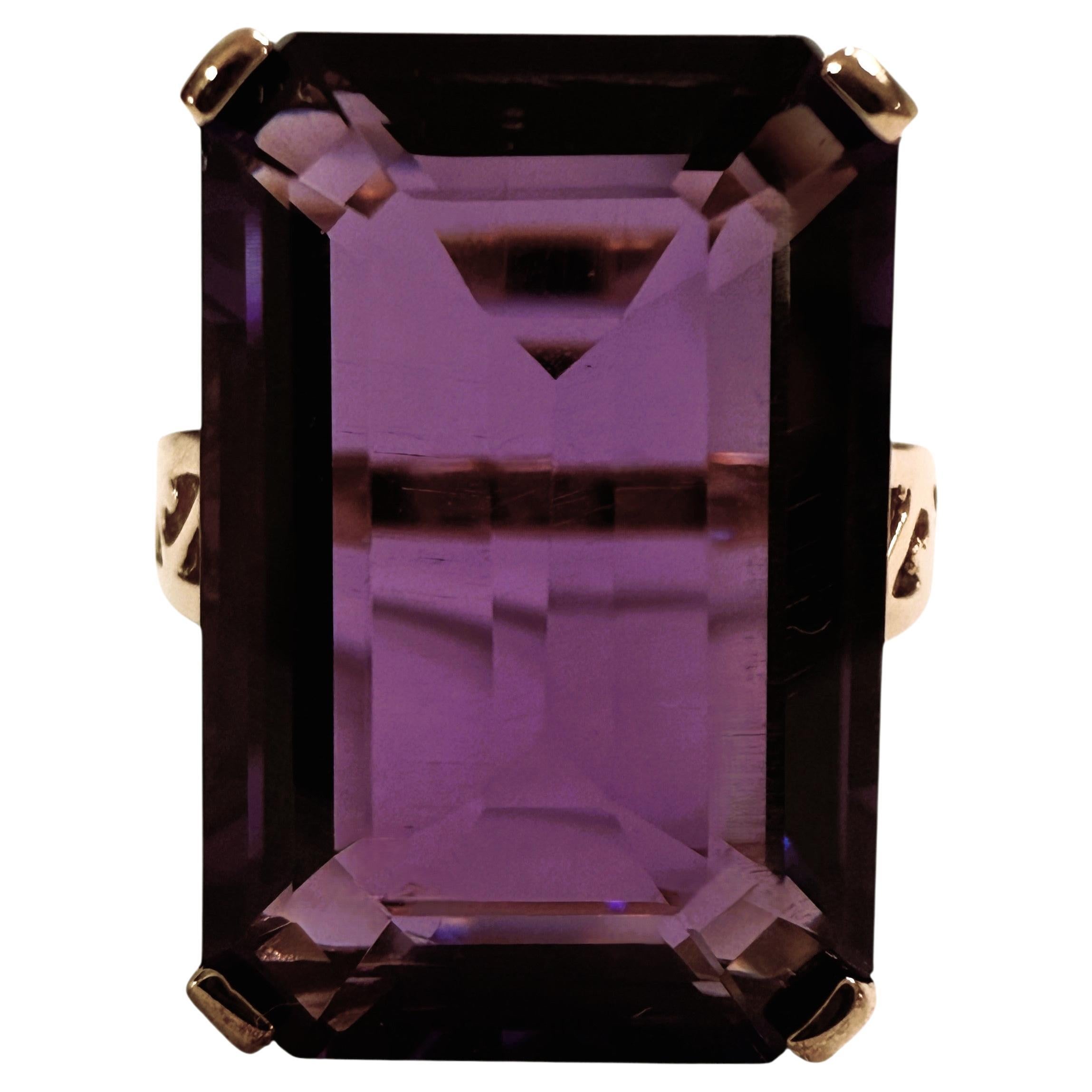 New 7.9 Carat Emerald Cut Amethyst w Diamond Cut R Gold PL Band Ring For Sale