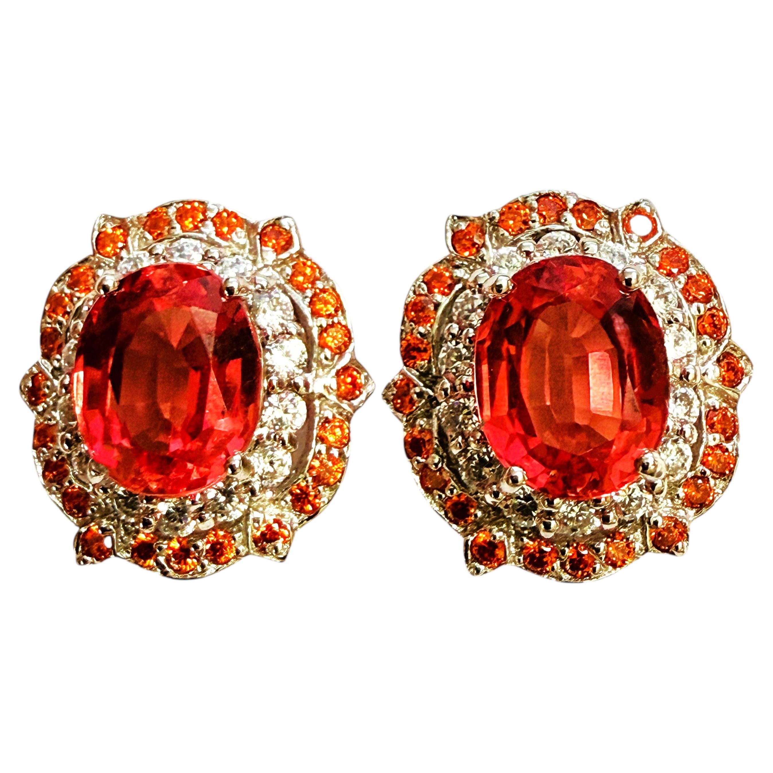 New 7.9 Carat Sunset Orange Sapphire & Diamond Cut Sapphire Sterling Earrings