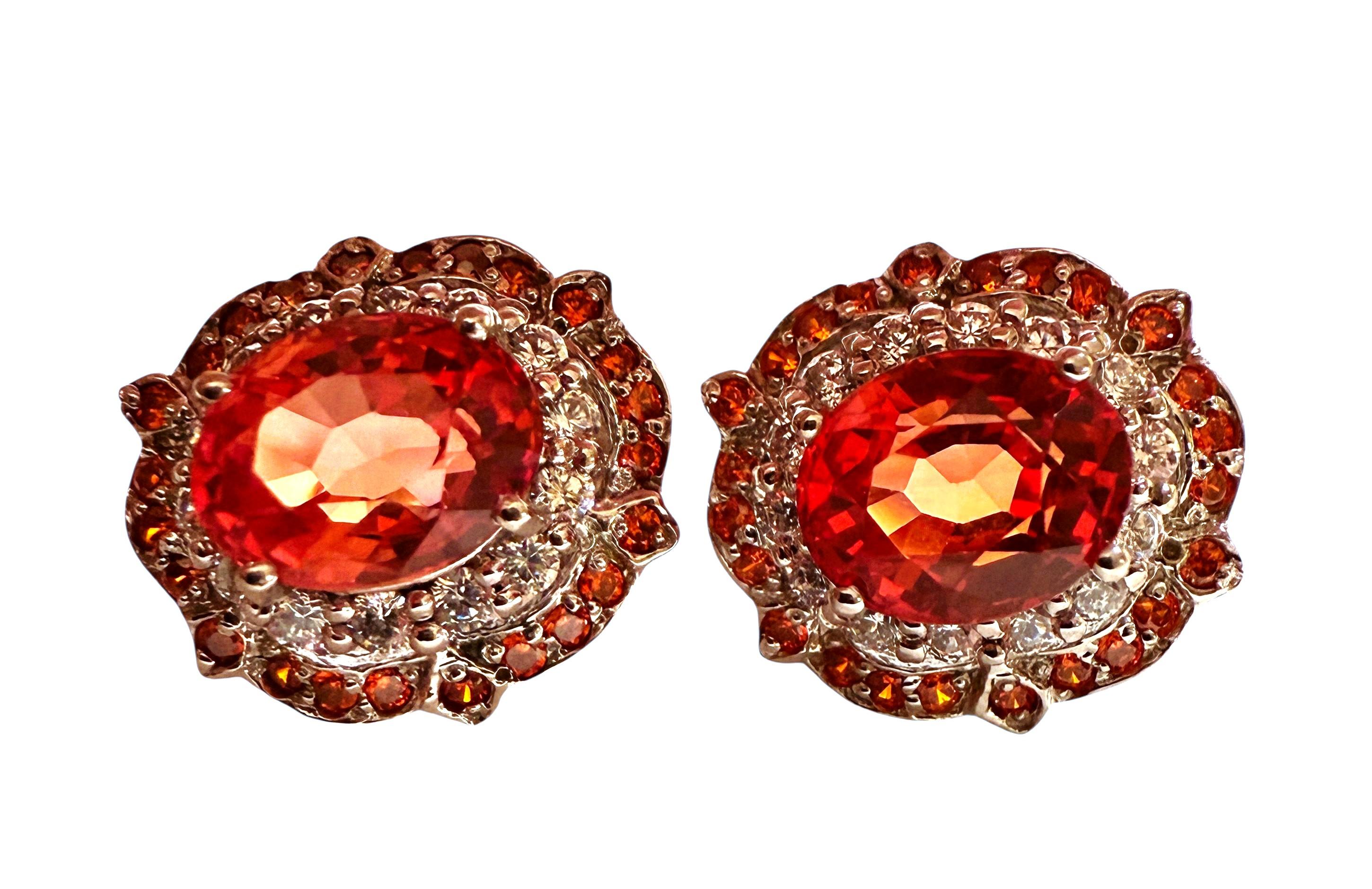 Art Deco New 7.9 Ct Sunset Orange Sapphire & Diamond Cut Sapphire Sterling Earrings For Sale