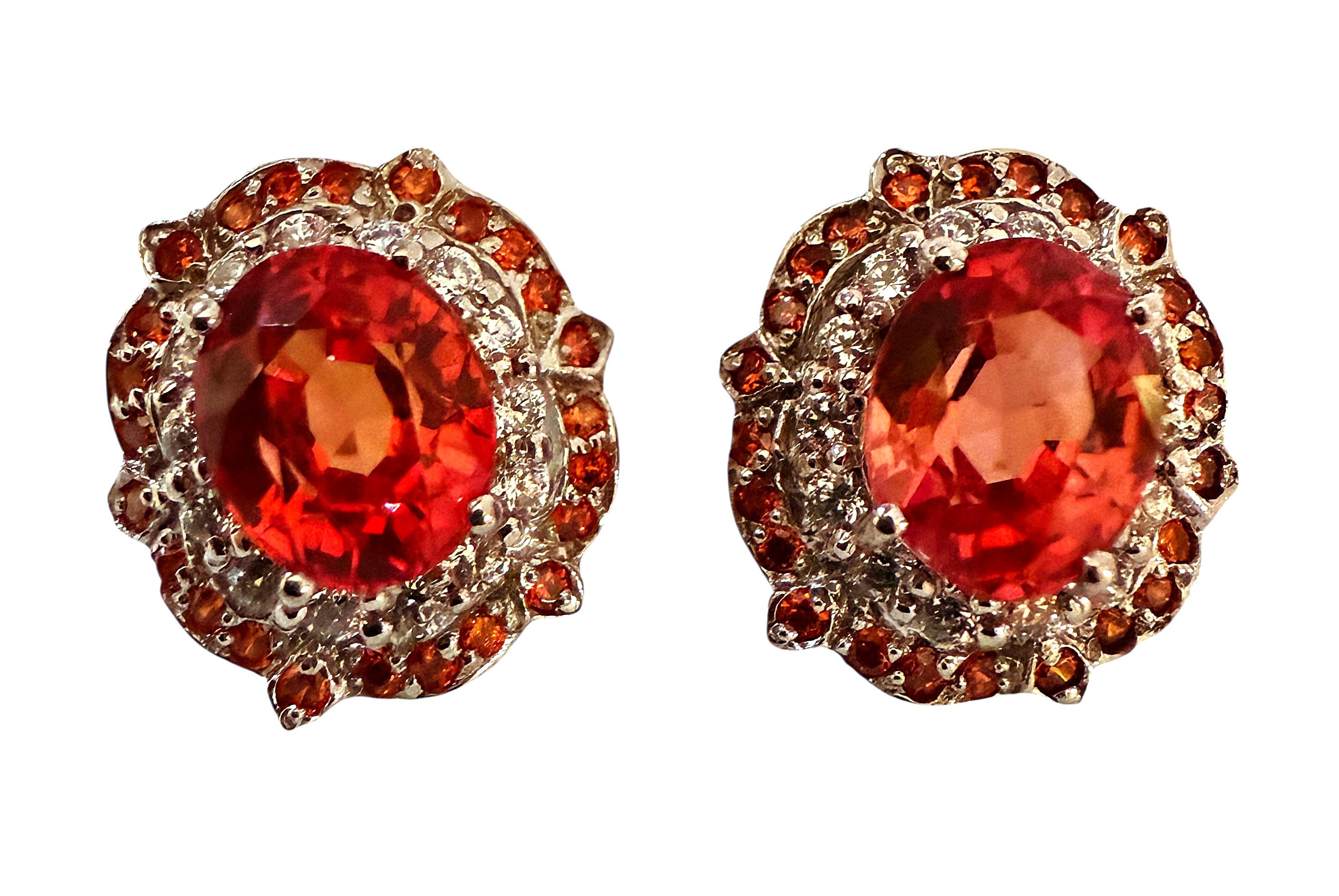 New 7.9 Ct Sunset Orange Sapphire & Diamond Cut Sapphire Sterling Earrings In New Condition For Sale In Eagan, MN