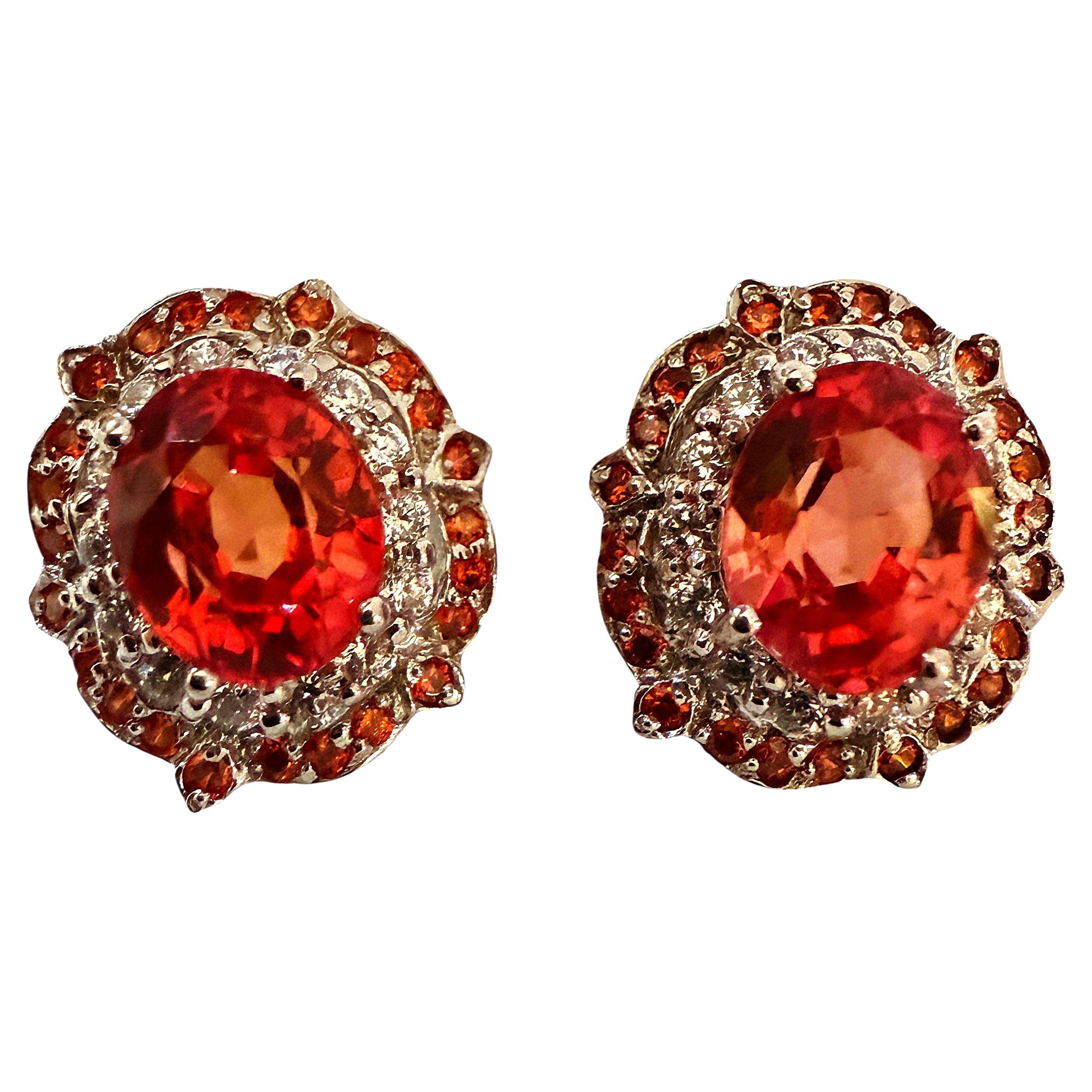 New 7.9 Ct Sunset Orange Sapphire & Diamond Cut Sapphire Sterling Earrings