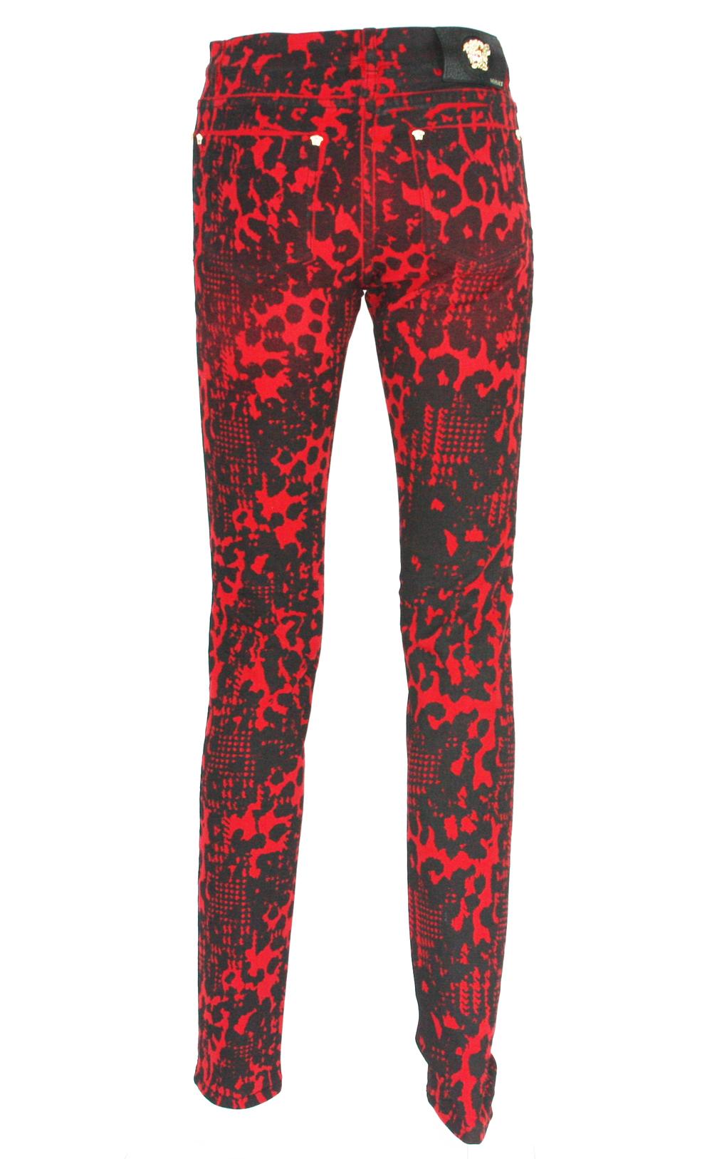 Women's New $795 Versace Red Black Medusa Leopard Graphic Print Stretch Denim Jeans 25