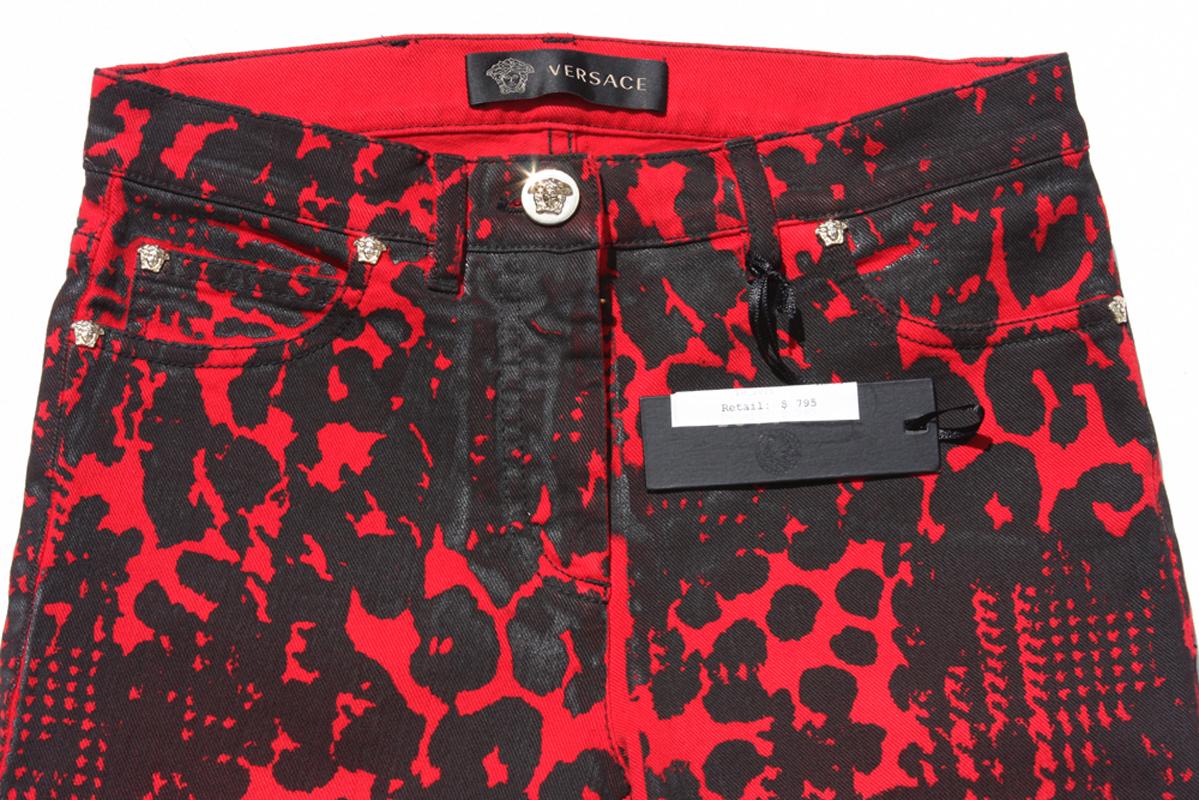 New $795 Versace Red Black Medusa Leopard Graphic Print Stretch Denim Jeans 25 3