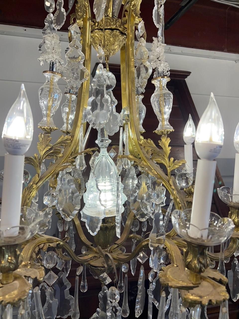New 8 Arm Brass and Bohemian Hand Cut Crystal Chandelier Antique Brass Finish  In Good Condition For Sale In Stamford, CT