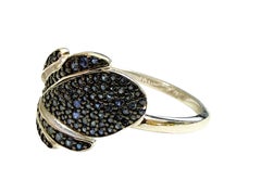 New .80 Carat Blue Sapphire Pave Leaf 14k White Gold PL Sterling Ring