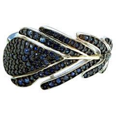 New .80 Carat Blue Sapphire Pave Leaf 14k White Gold PL Sterling Ring