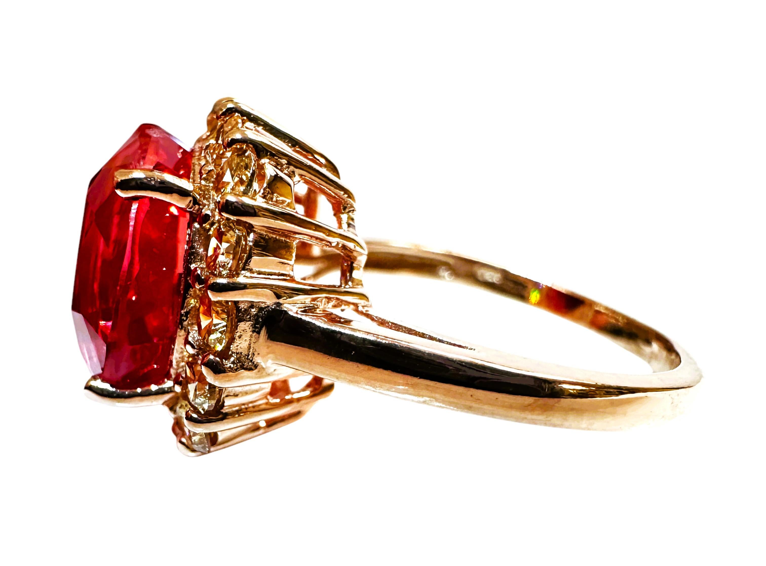 Art Deco New 8.02 Carat Padparadscha & Diamond Cut Sapphire R Gold Pl Sterling Ring