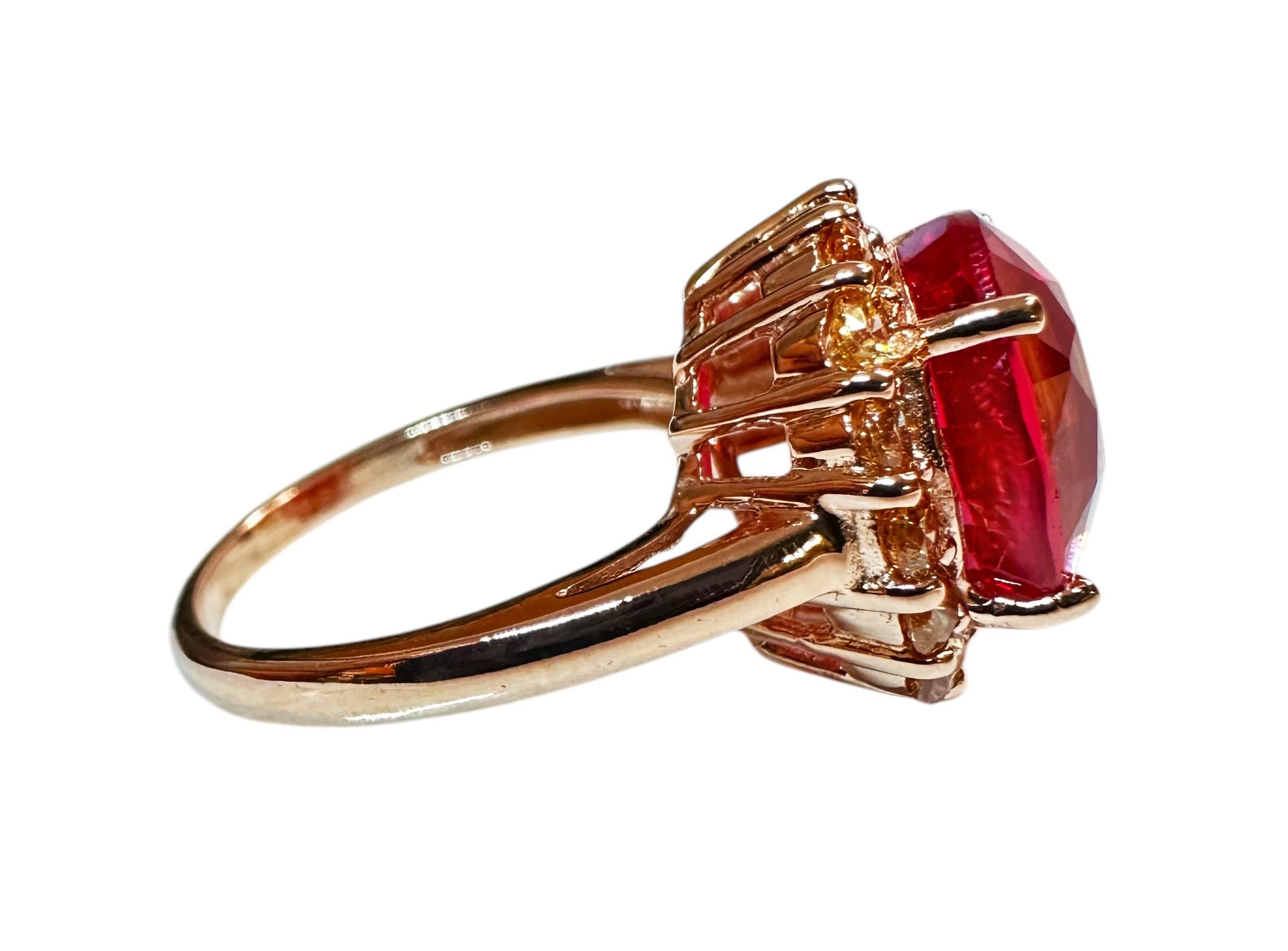 New 8.02 Carat Padparadscha & Diamond Cut Sapphire R Gold Pl Sterling Ring In New Condition In Eagan, MN