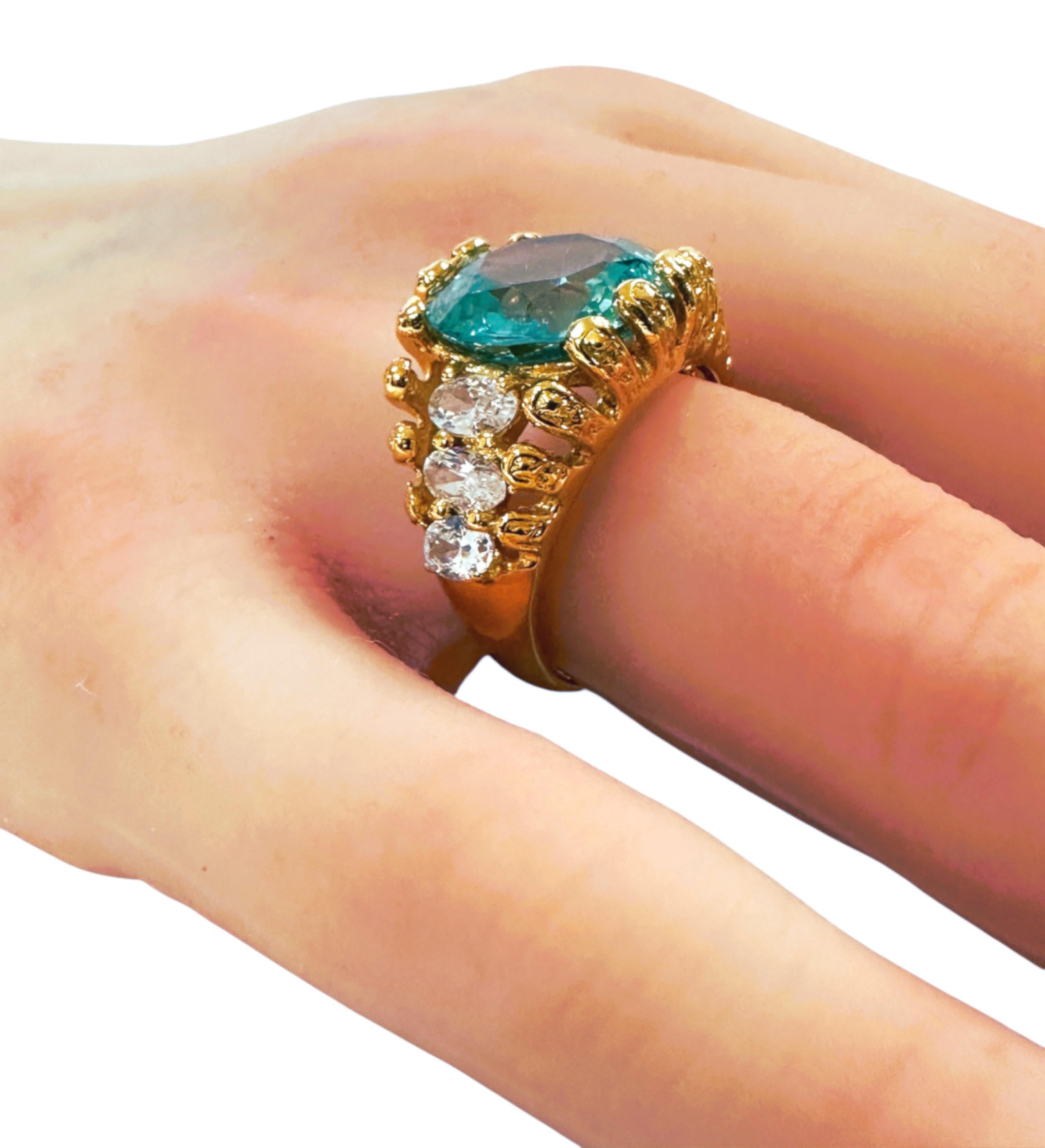 New 8.05 Carat Neon Blue Paraiba Tourmaline & White Sapphire Y Gold Pl Ring 1