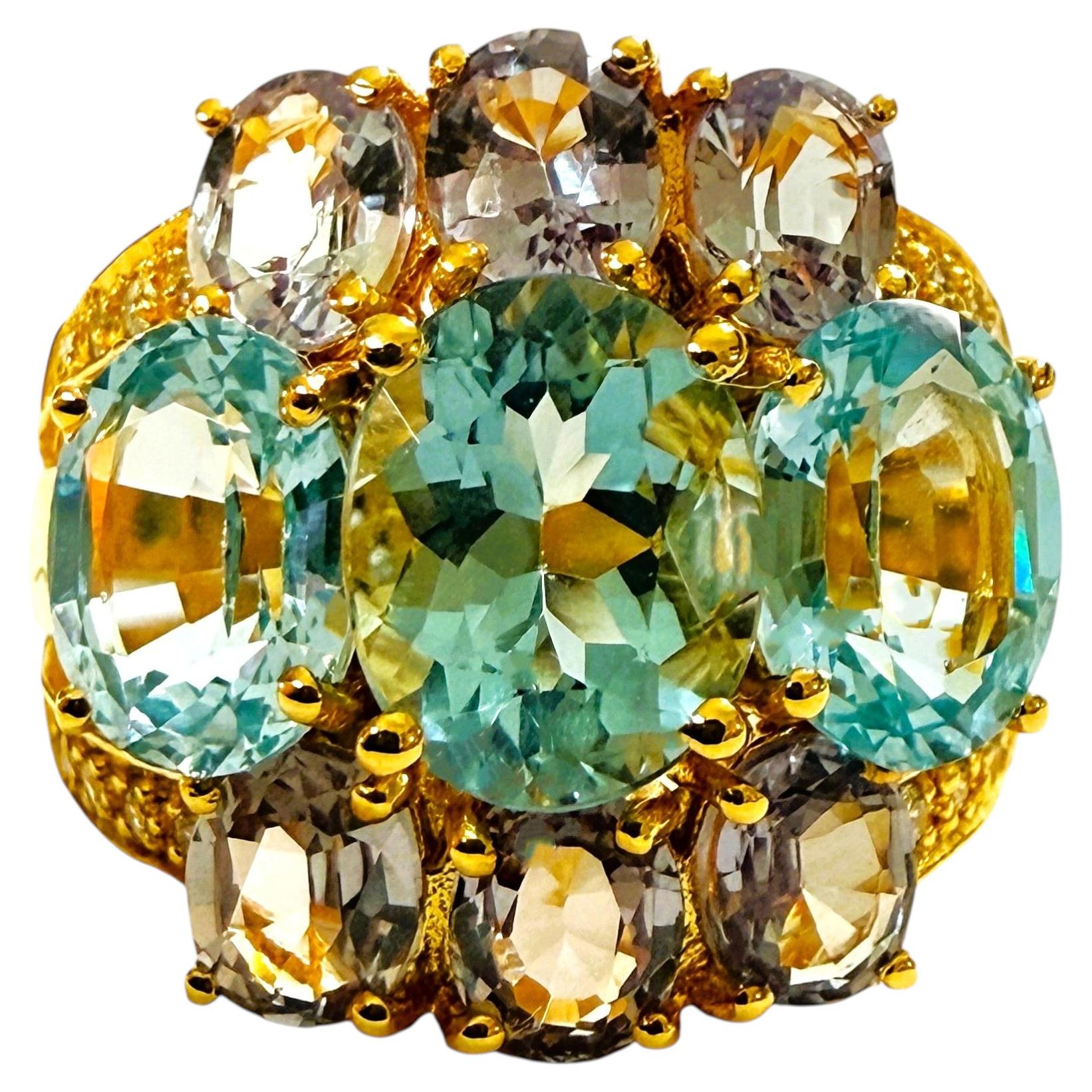 New 8.2 Carat Aquamarine Tourmaline 24k Yellow Gold Pl Sterling Silver Ring