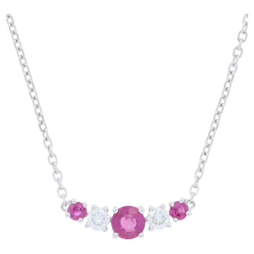 New .82ctw Round Ruby & Diamond Necklace, 14k White Gold Adjustable Length For Sale