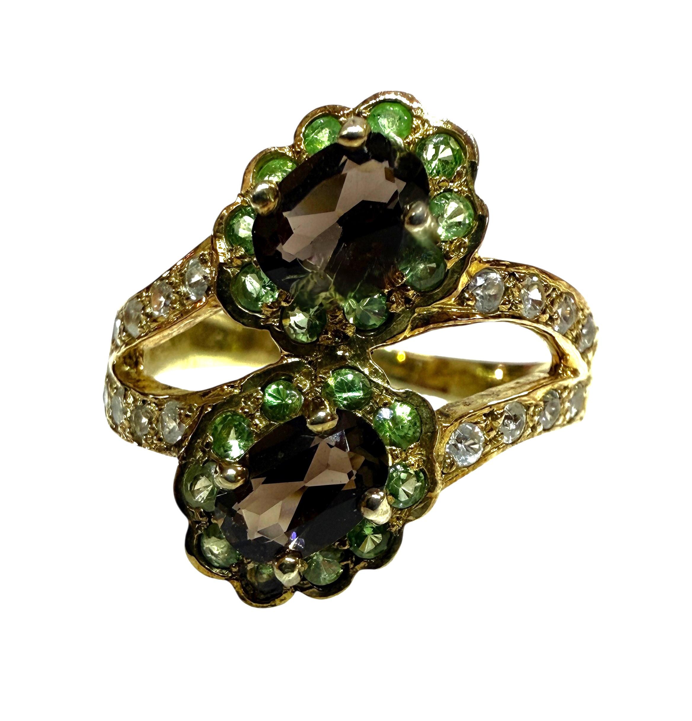 Neu .86 Karat Rauchquarz & Diamantschliff Tsavorit Y Gold P Sterling Ring (Art déco) im Angebot