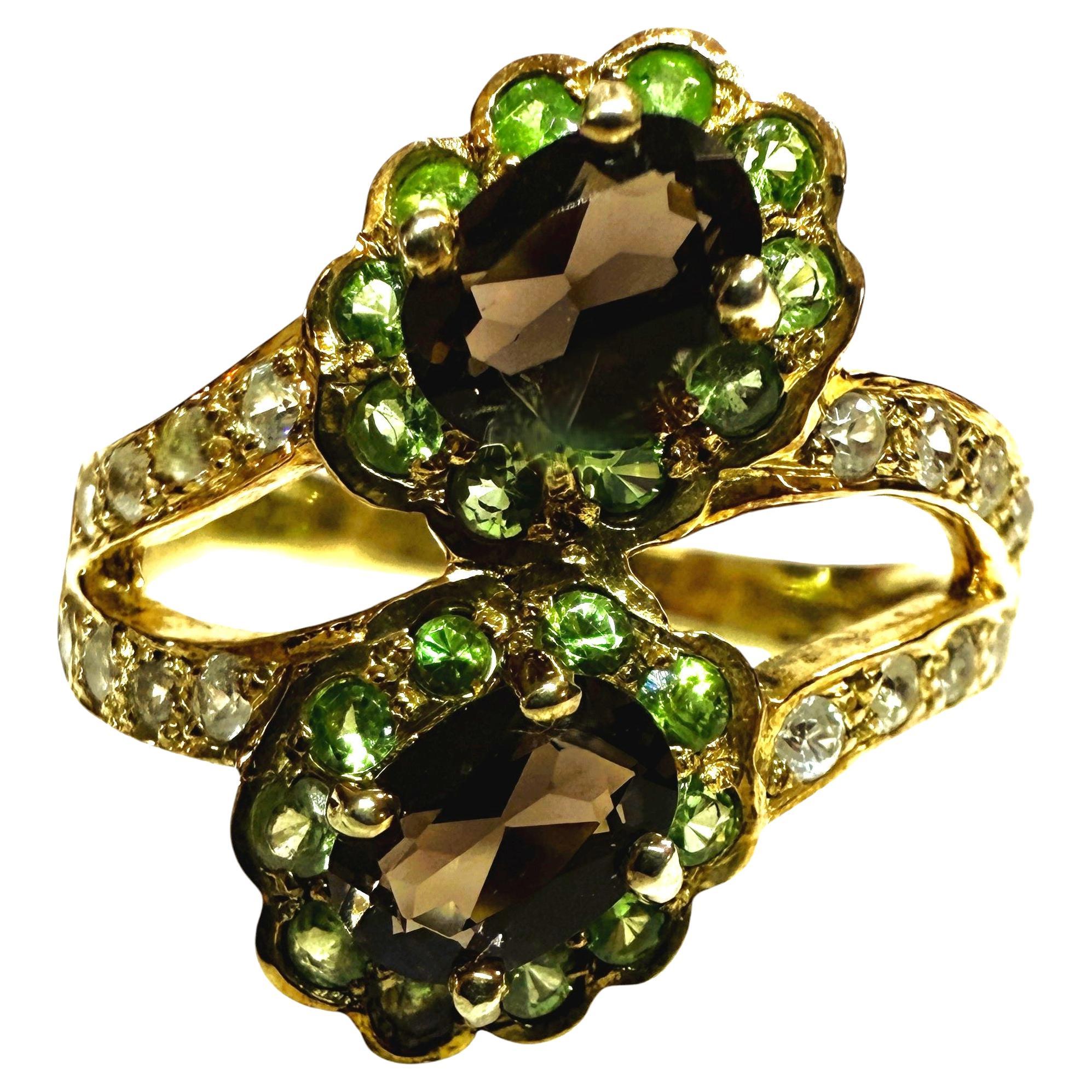 Neu .86 Karat Rauchquarz & Diamantschliff Tsavorit Y Gold P Sterling Ring im Angebot