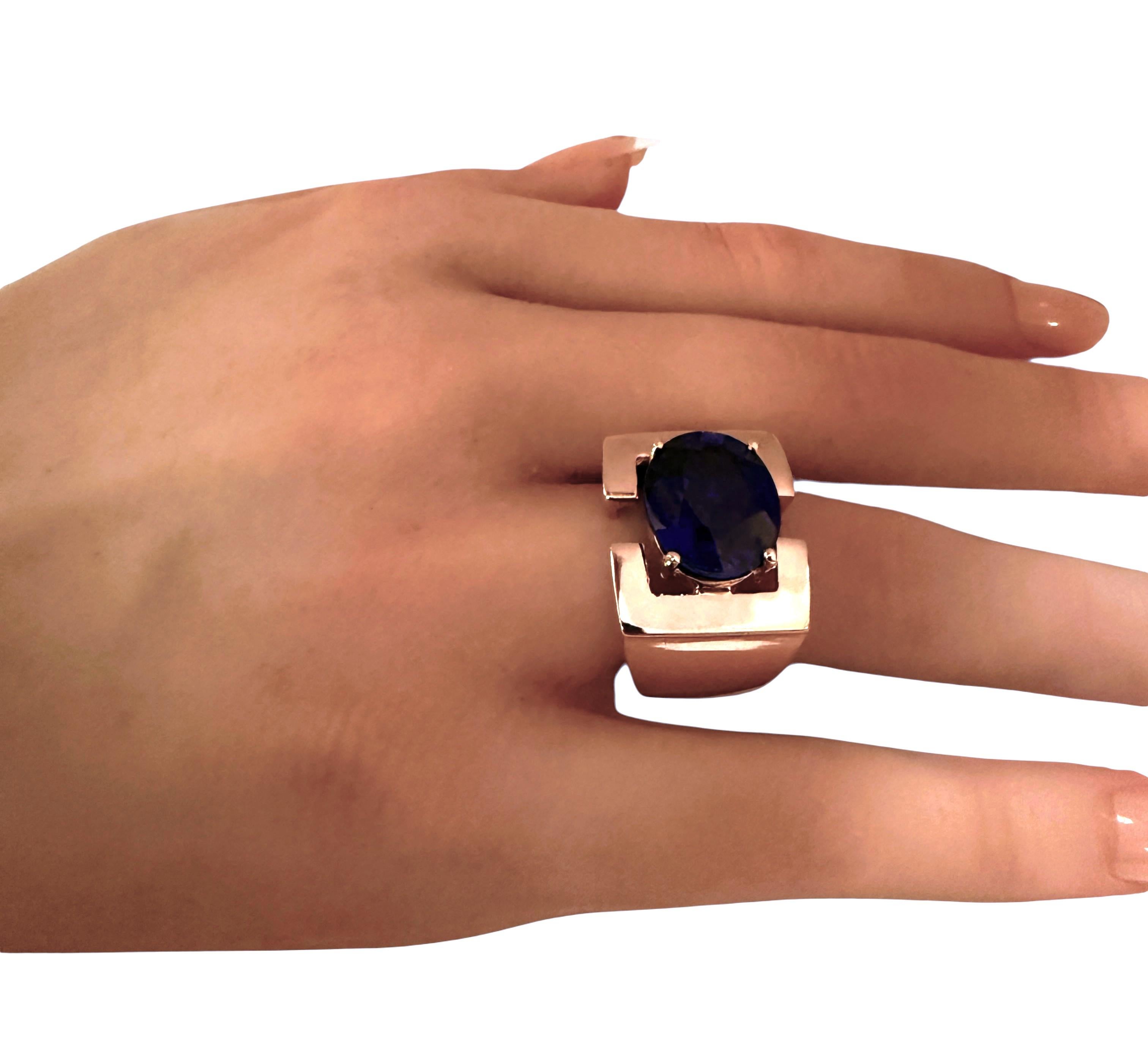 New 8.70 Carat Blue Sapphire Rose Gold Plated Statement Ring Size 8.25 en venta 1