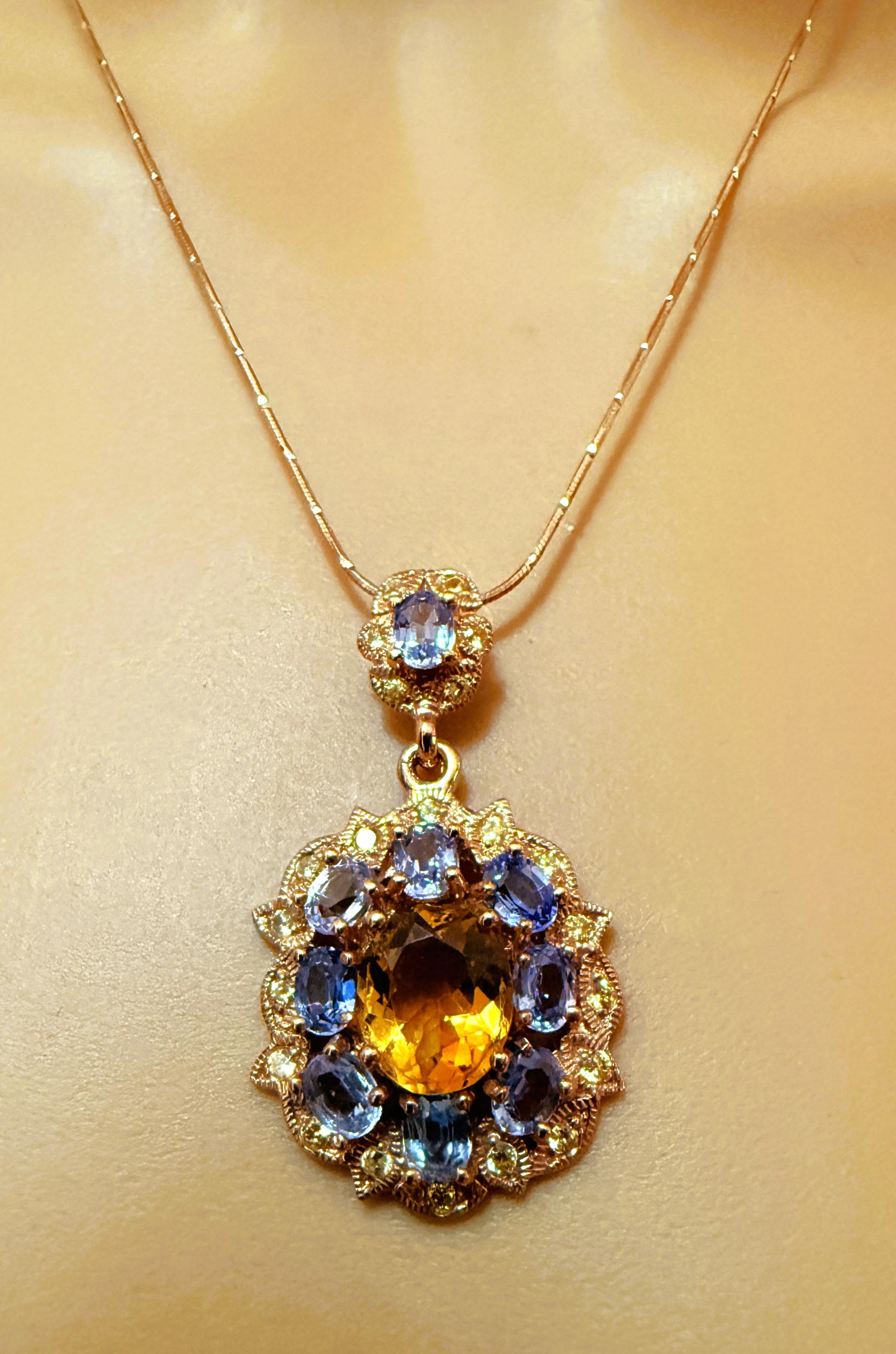 Art Déco Nuova collana PL in oro rosa sterling con citrino, tanzanite e zaffiro da 8,80 carati in vendita