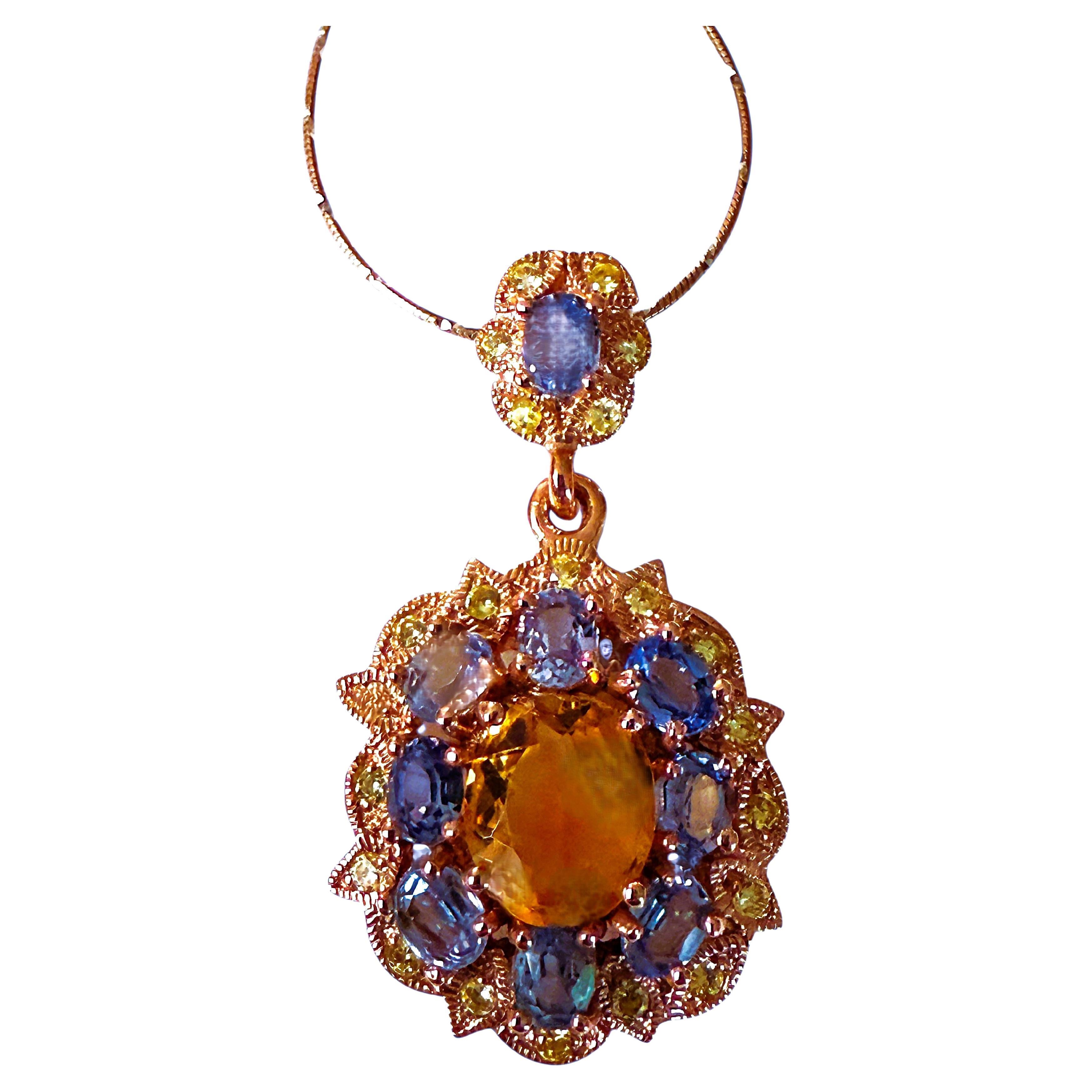 New 8.80 Carat Citrine, Tanzanite & Sapphire Sterling Rose Gold PL Necklace