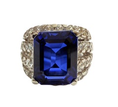 New 8.90 Carat Blue Sapphire & Diamond Cut White Sapphire Sterling Ring