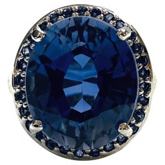 New 8.90 Carat Oval & Diamond Cut Blue Sapphire Sterling Silver Ring