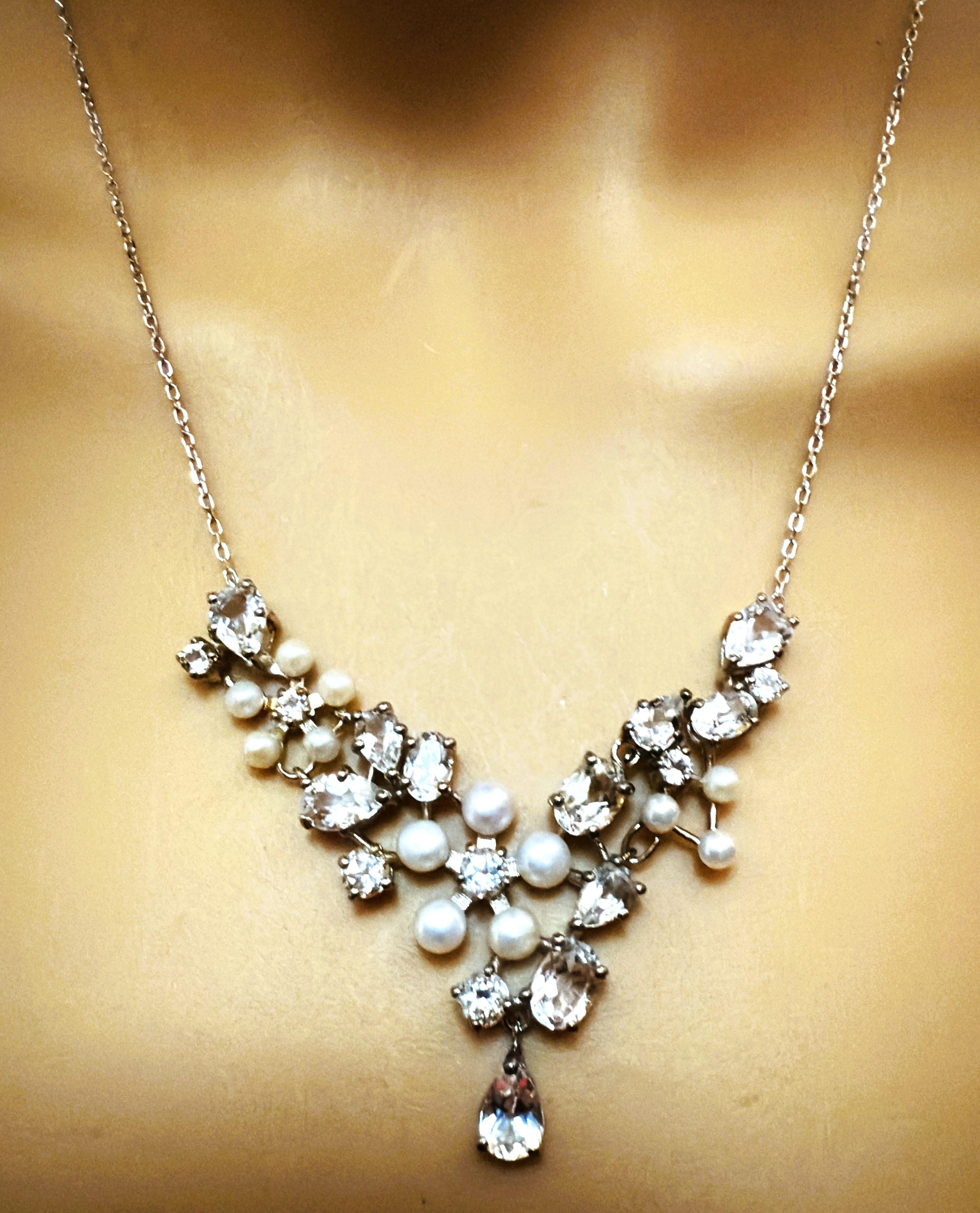 Neu 9 Karat Weißer Topas & Süßwasserperle 925 Sterling Halskette Verstellbar (Gemischter Schliff)