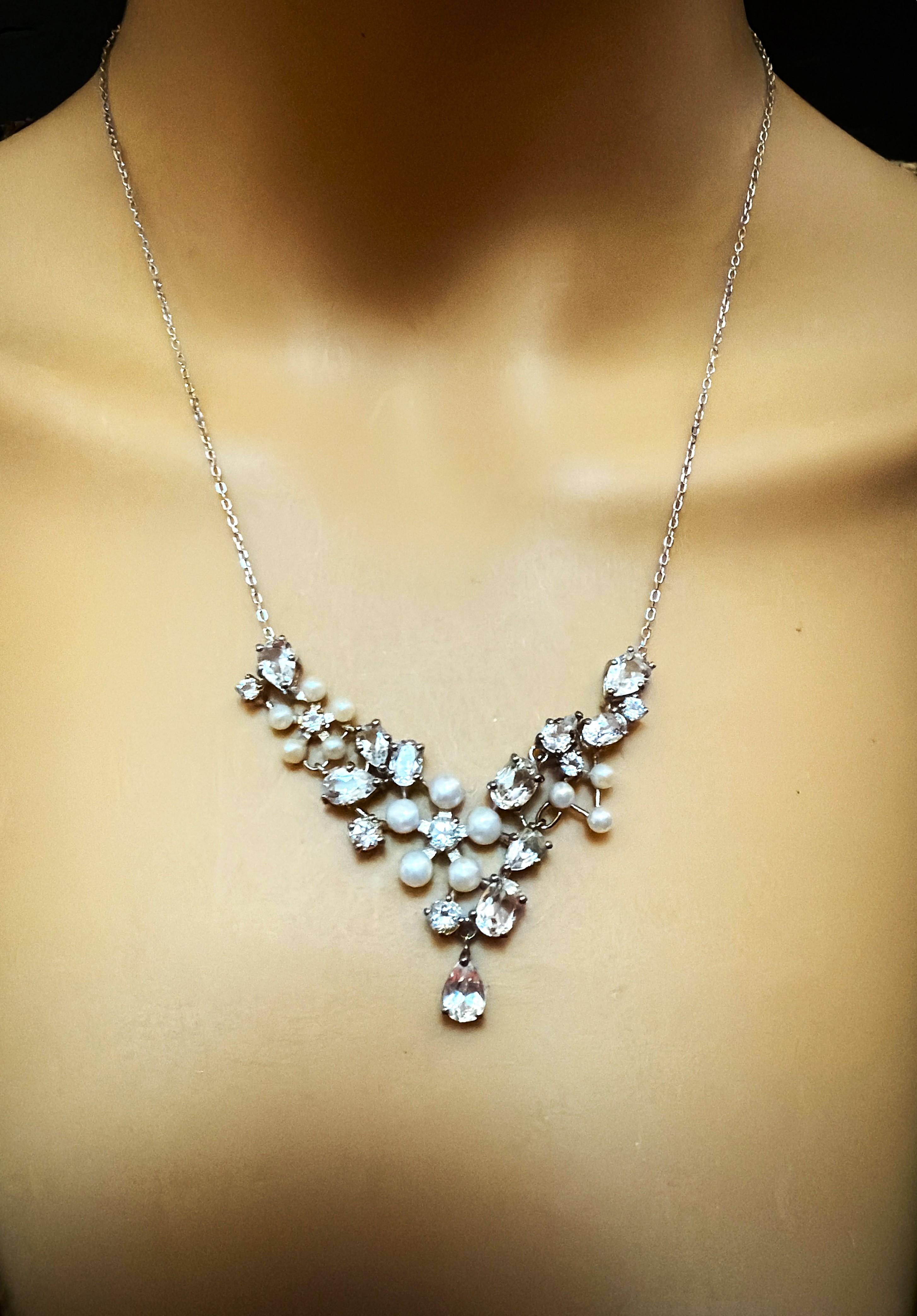 Neu 9 Karat Weißer Topas & Süßwasserperle 925 Sterling Halskette Verstellbar Damen