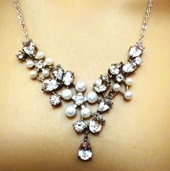 New 9 Carat White Topaz & Freshwater Pearl 925 Sterling Necklace Adjustable