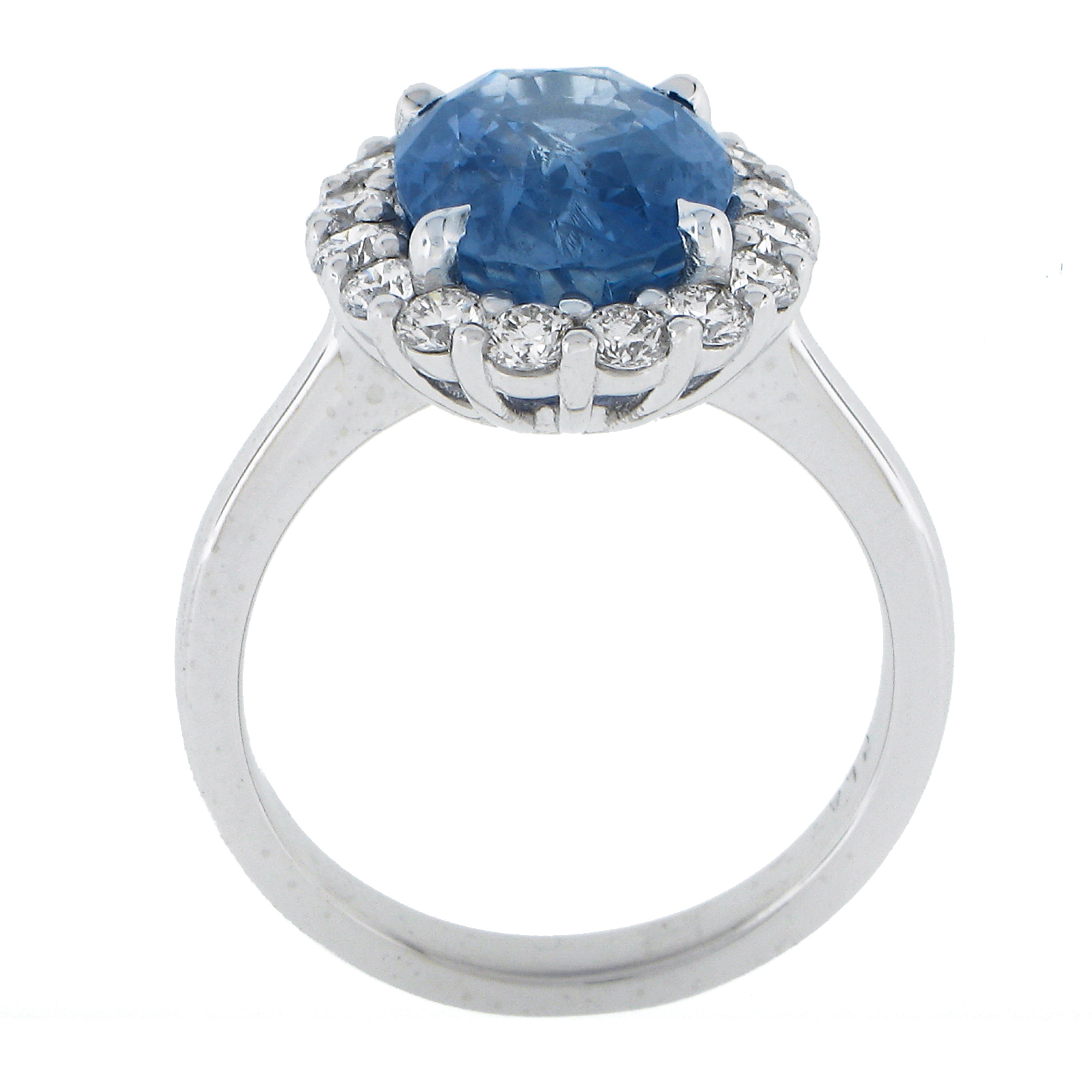 New .900 Platinum 6.28ctw GIA Oval Blue Sapphire & Round Diamond Halo Ring For Sale 3