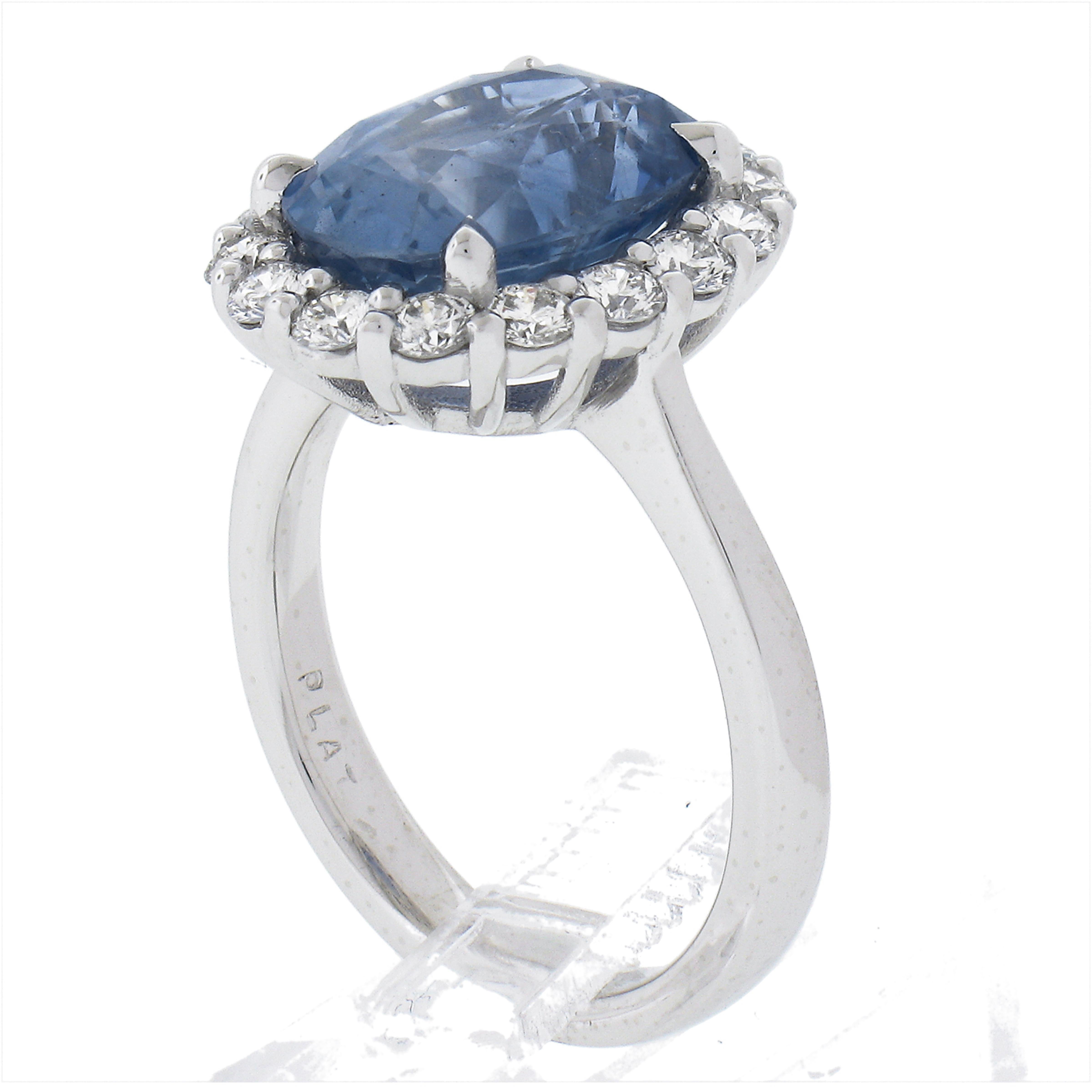 New .900 Platinum 6.28ctw GIA Oval Blue Sapphire & Round Diamond Halo Ring For Sale 4