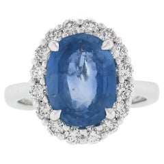New .900 Platinum 6.28ctw GIA Oval Blue Sapphire & Round Diamond Halo Ring