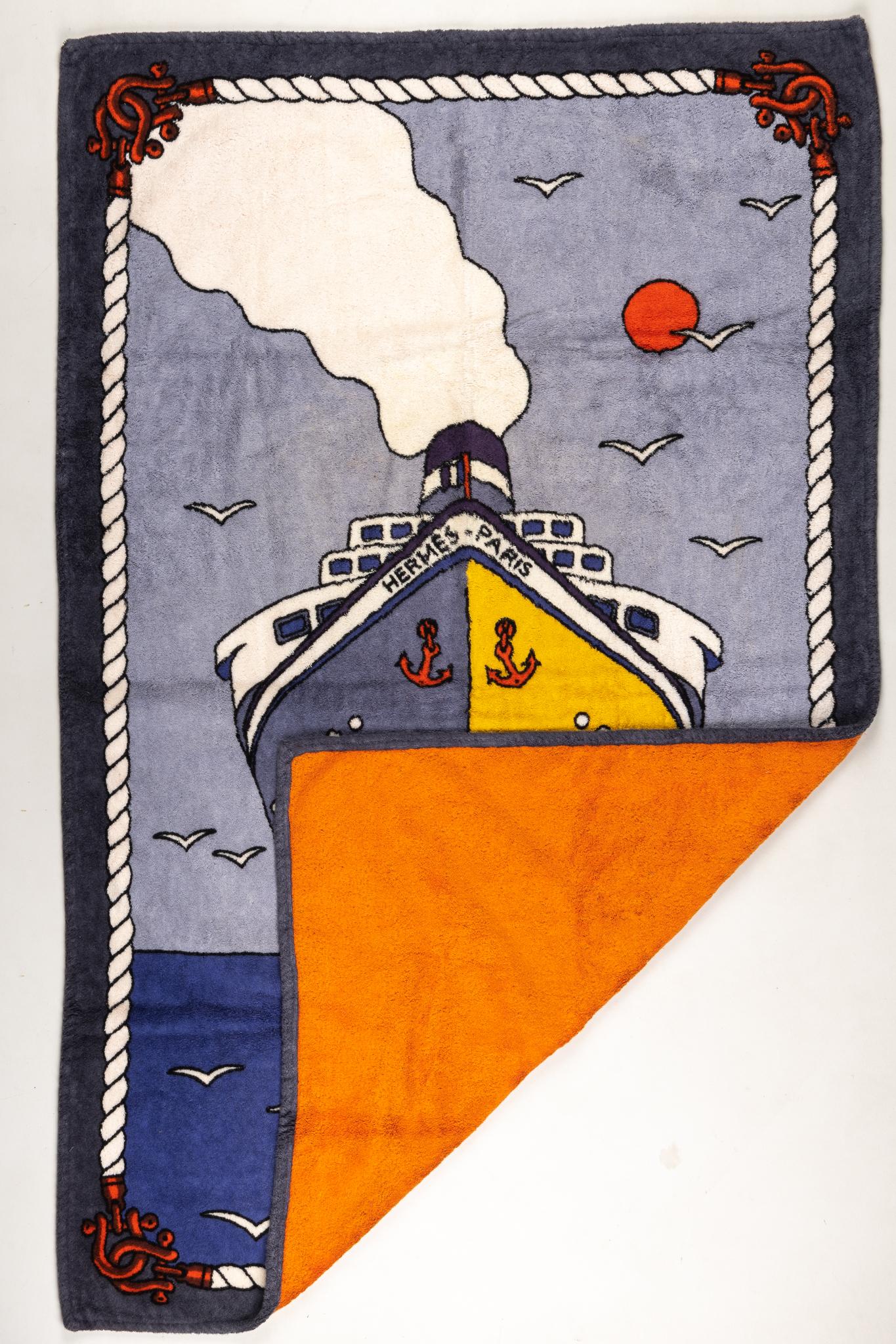 Hermes 90s new condition very collectible beach towel. 100% cotton terry cloth with ship design.