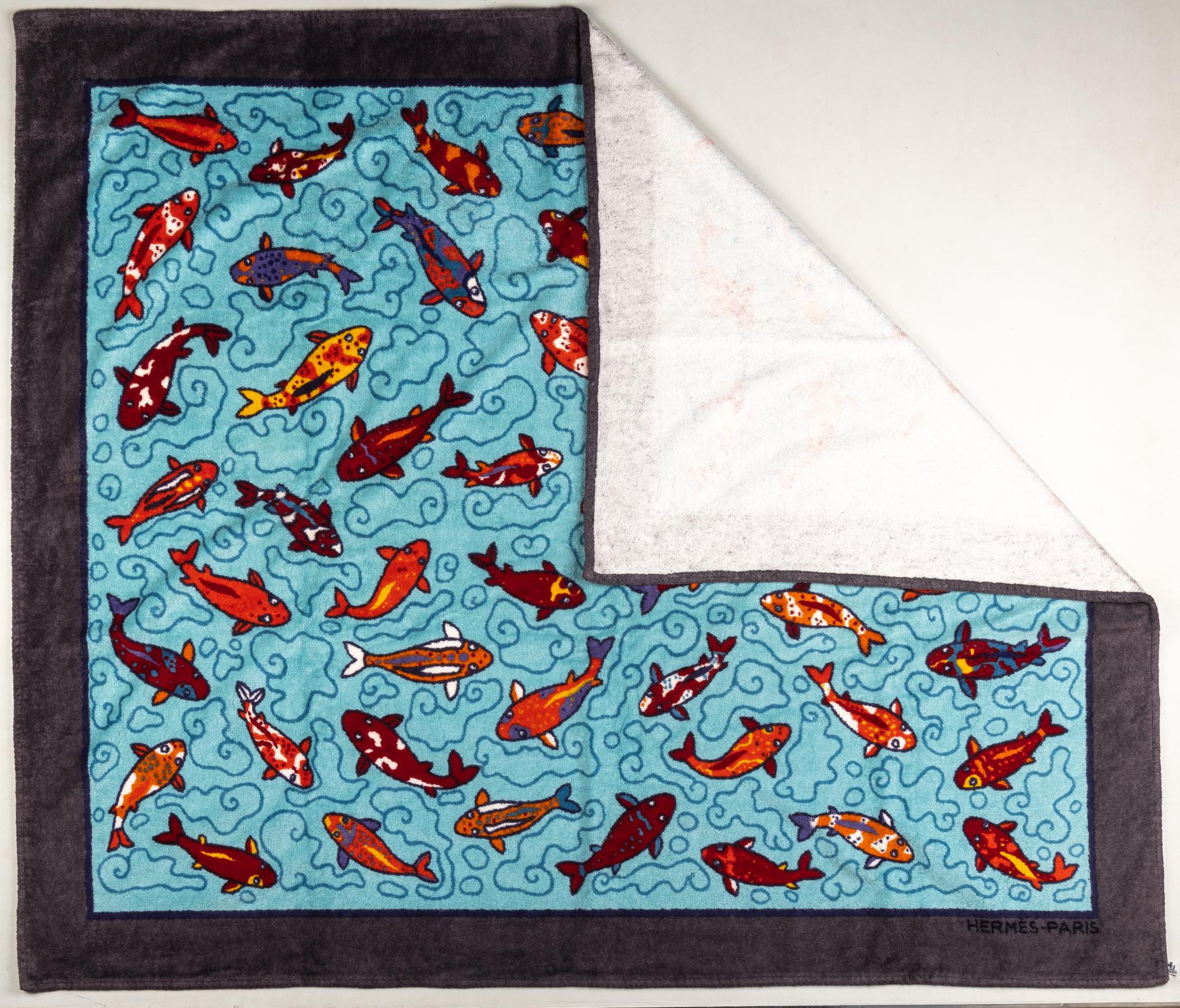 Hermes vintage very collectible beach towel. New condition. 100% cotton terry cloth with koi fish design.