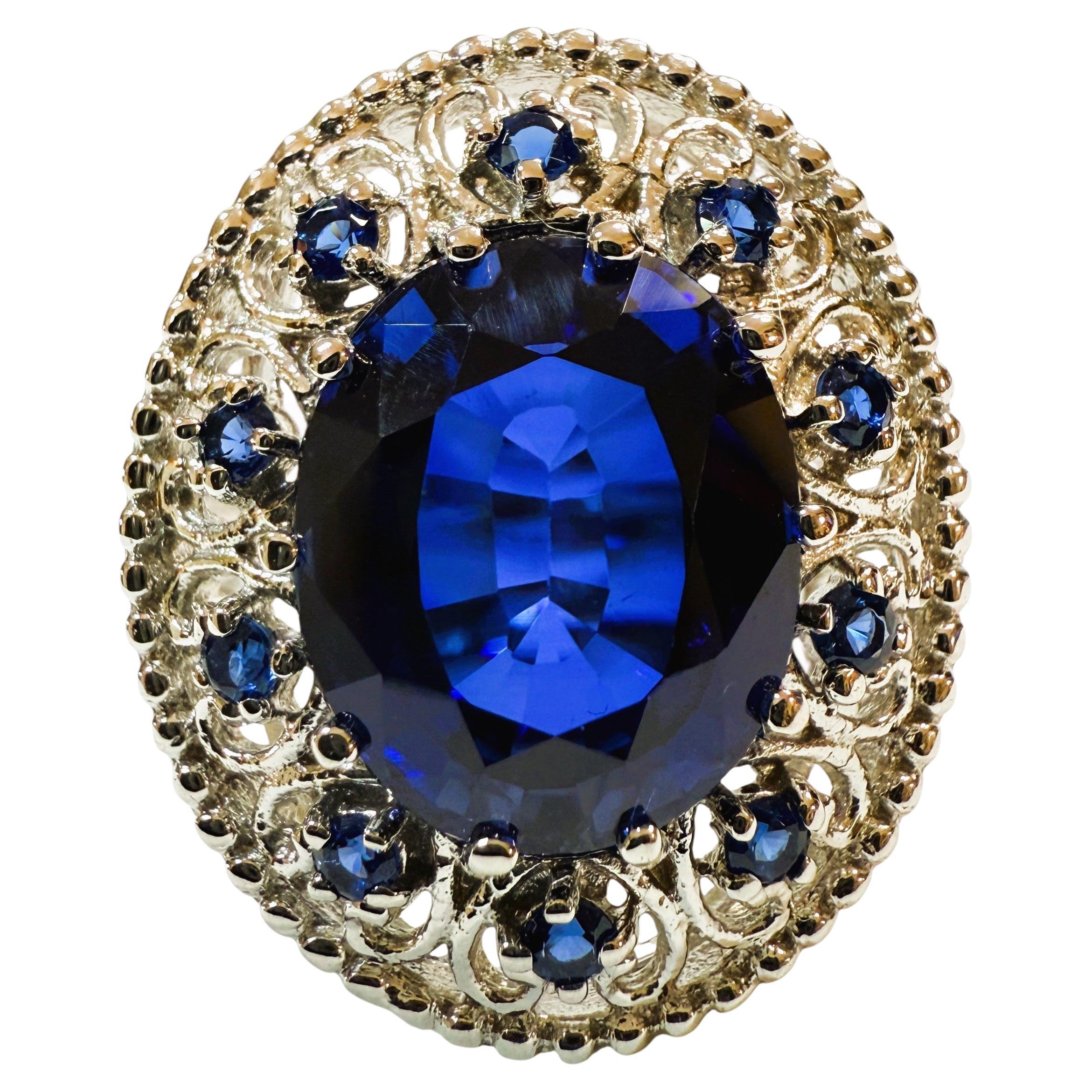 Neu 9,12 Karat Oval & Diamantschliff Blauer Saphir Sterling Silber Ring