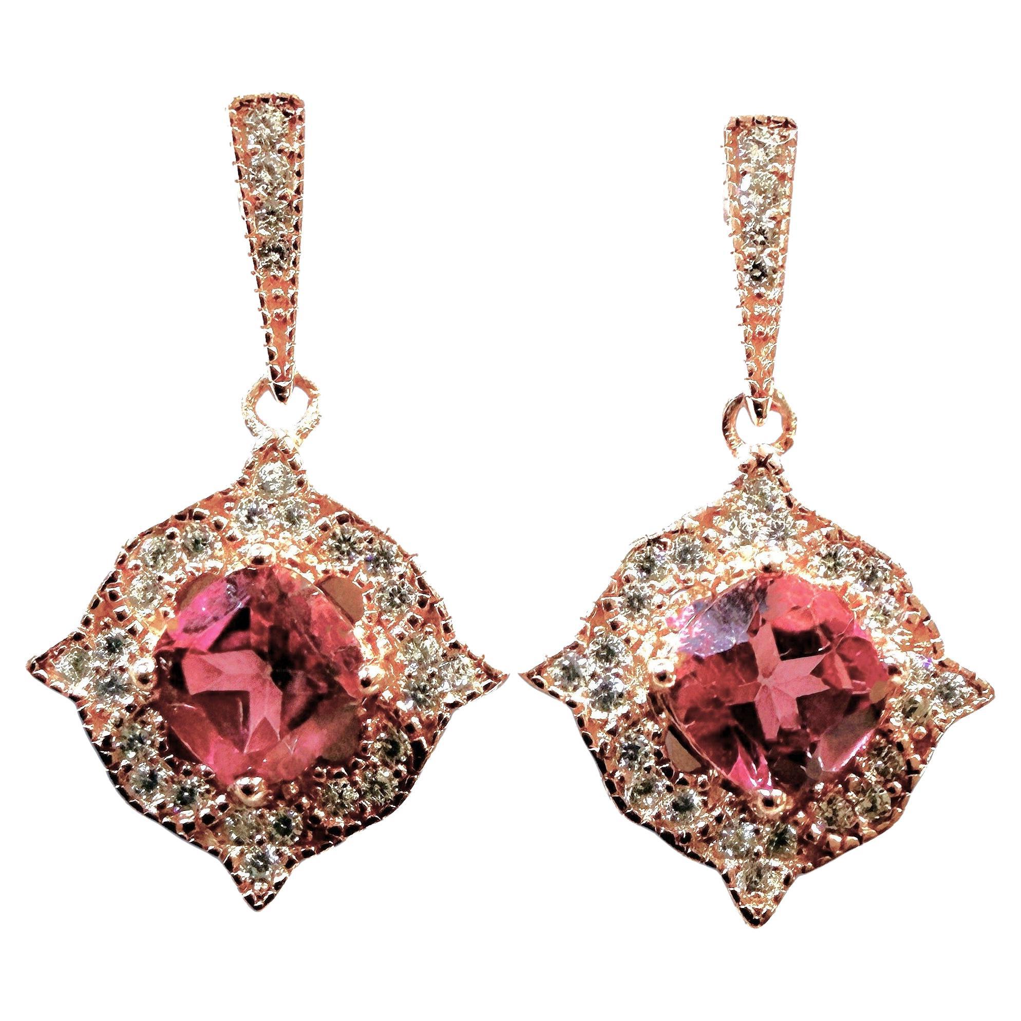 New .92 Carat Pink Topaz Post Dangle 14k Rose Gold PL Sterling Earrings For Sale