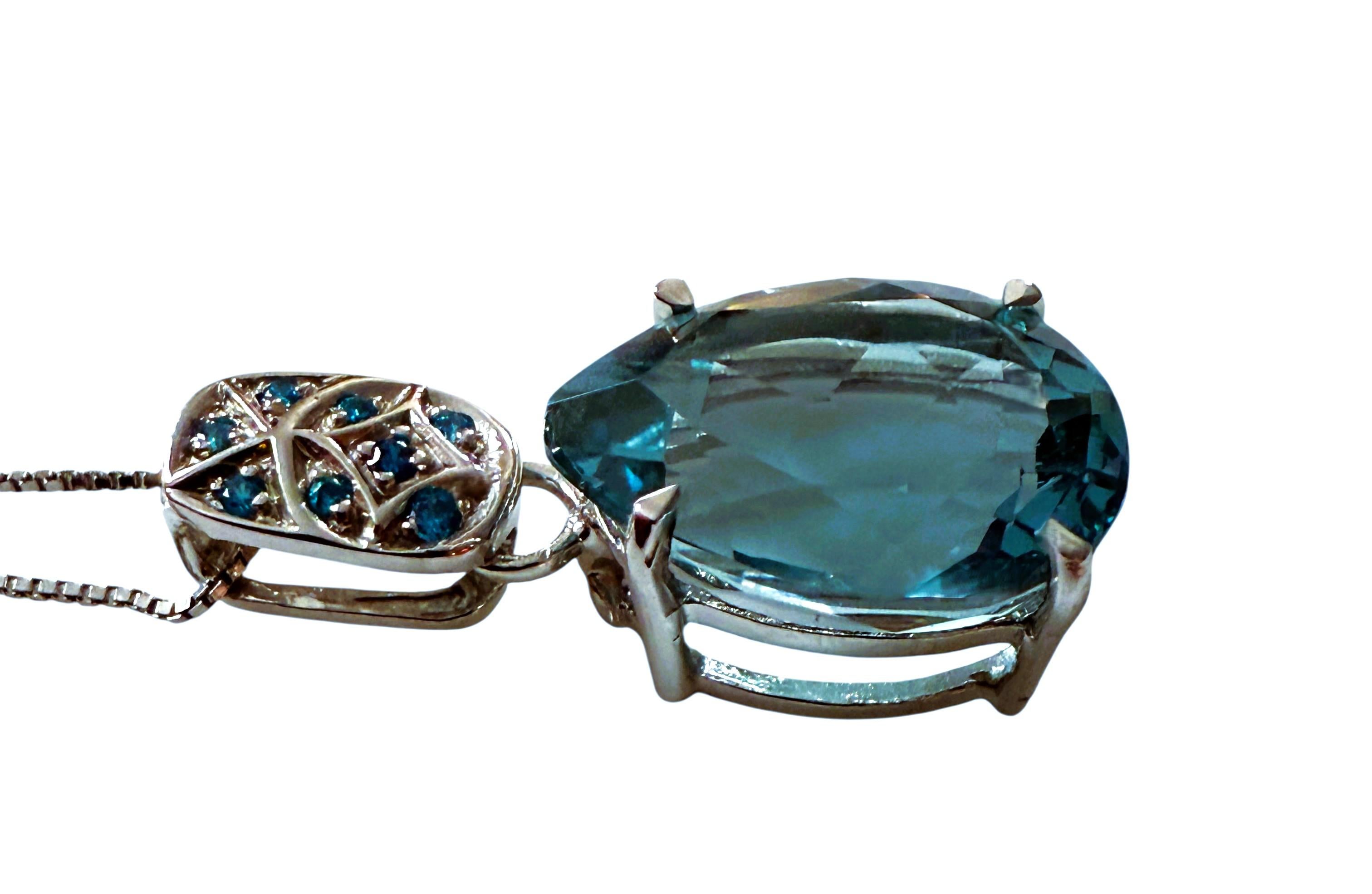 New 9.20 Carat Aquamarine & Diamond Cut Sapphire Sterling Pendant Necklace 2