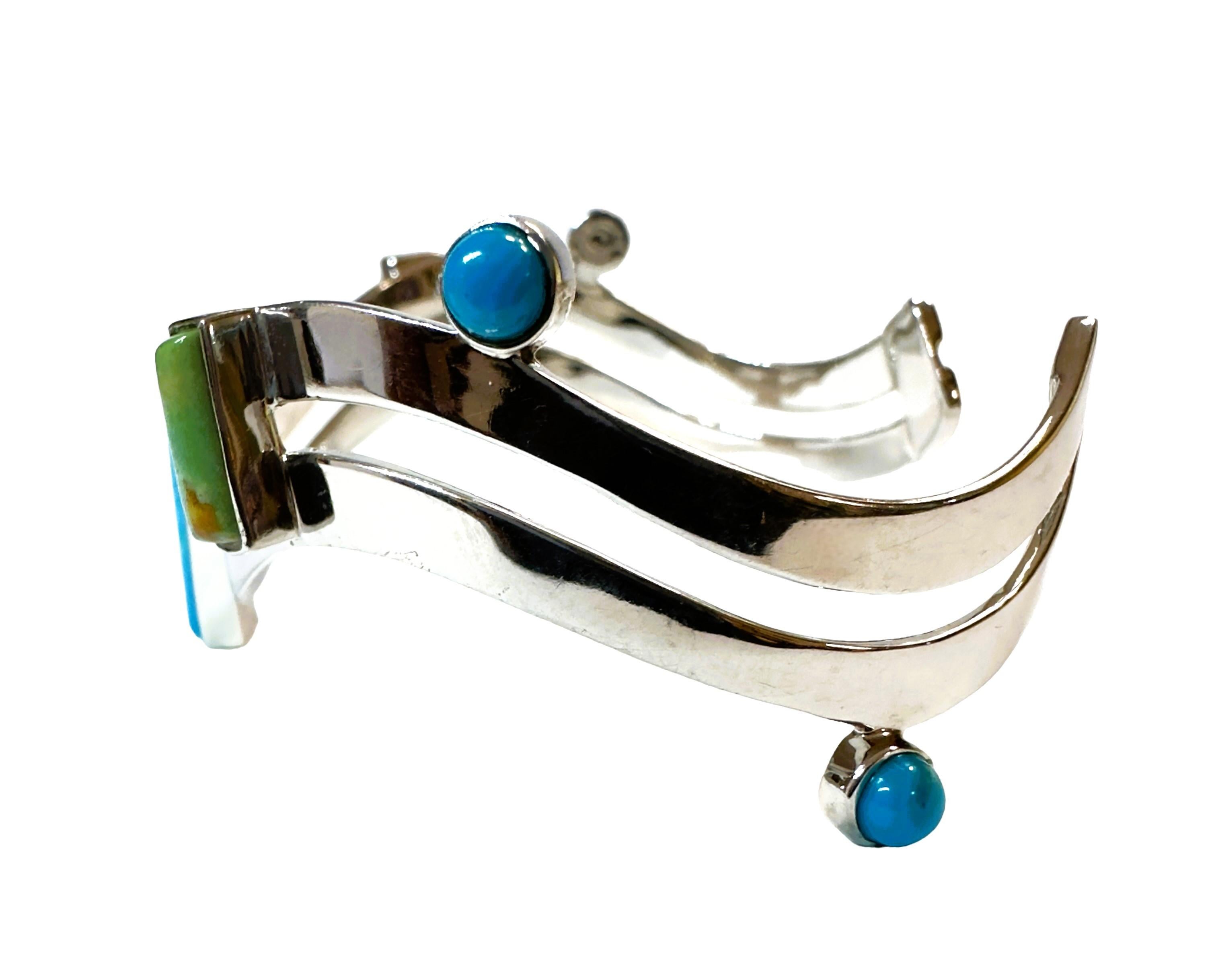 Art Deco New 925 Silver Turquoise and Moss Agate Modern Cuff Bracelet  For Sale