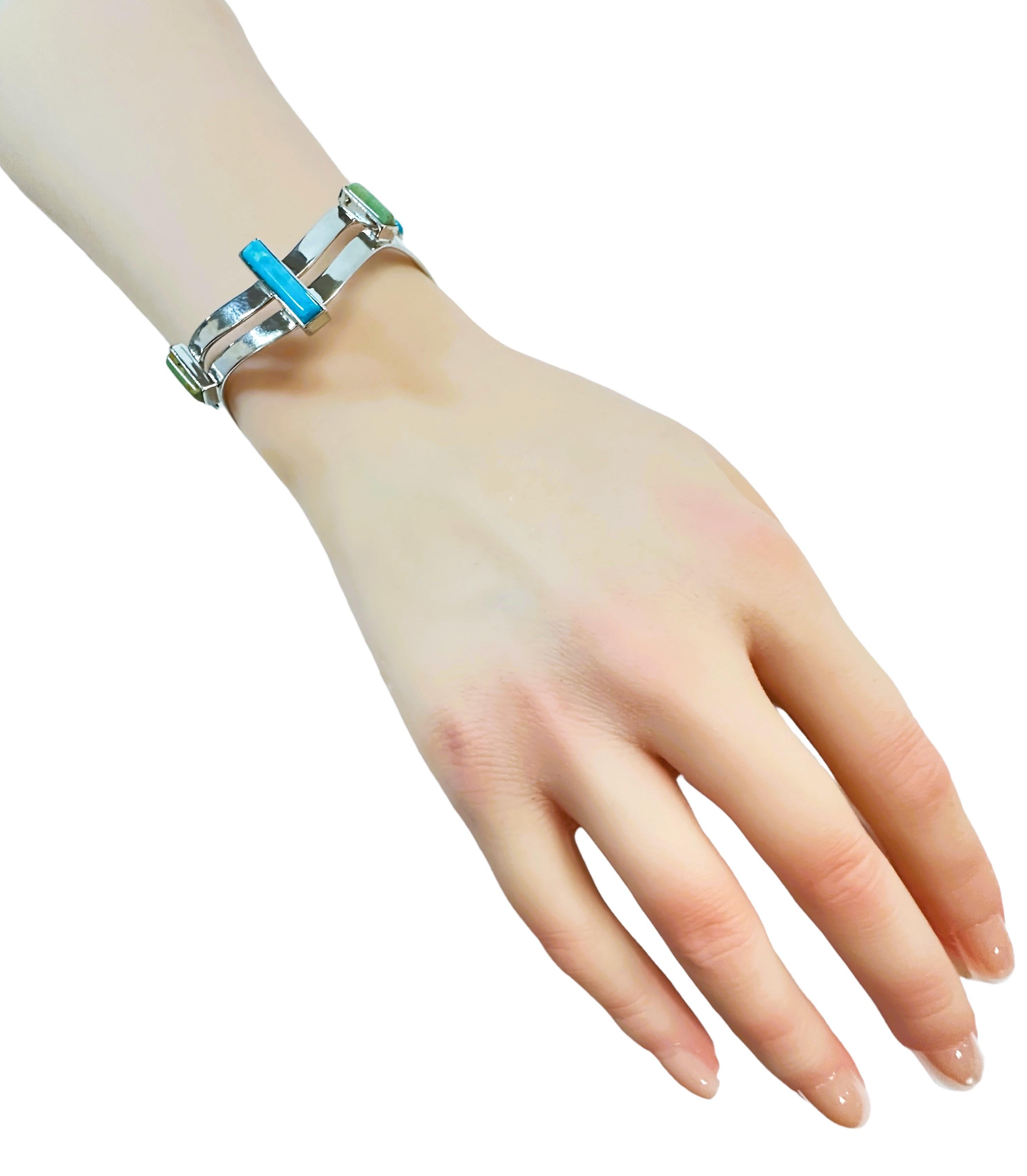 Bracelet manchette moderne en argent 925, turquoise et agate mousse  Pour femmes en vente