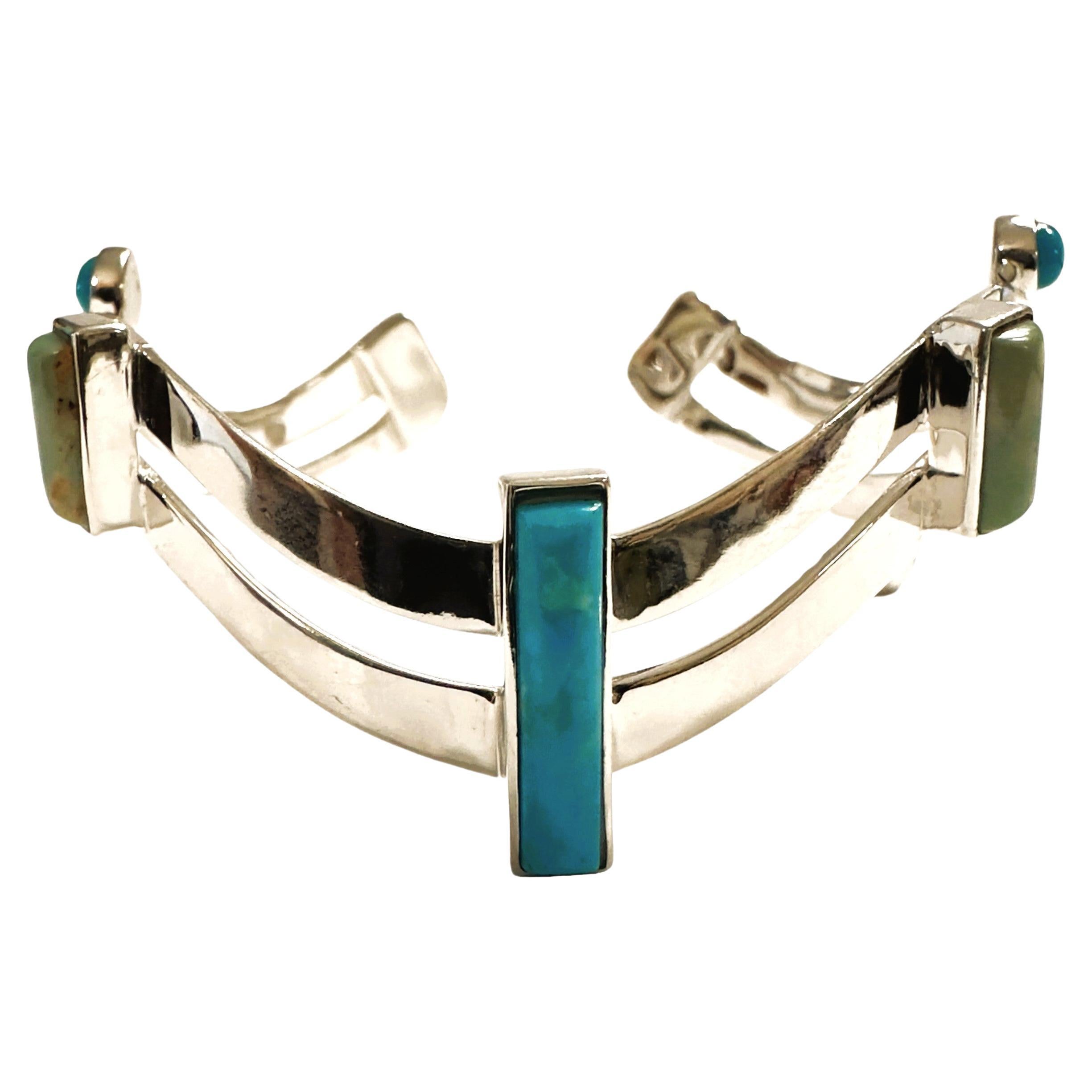 New 925 Silver Turquoise and Moss Agate Modern Cuff Bracelet  For Sale