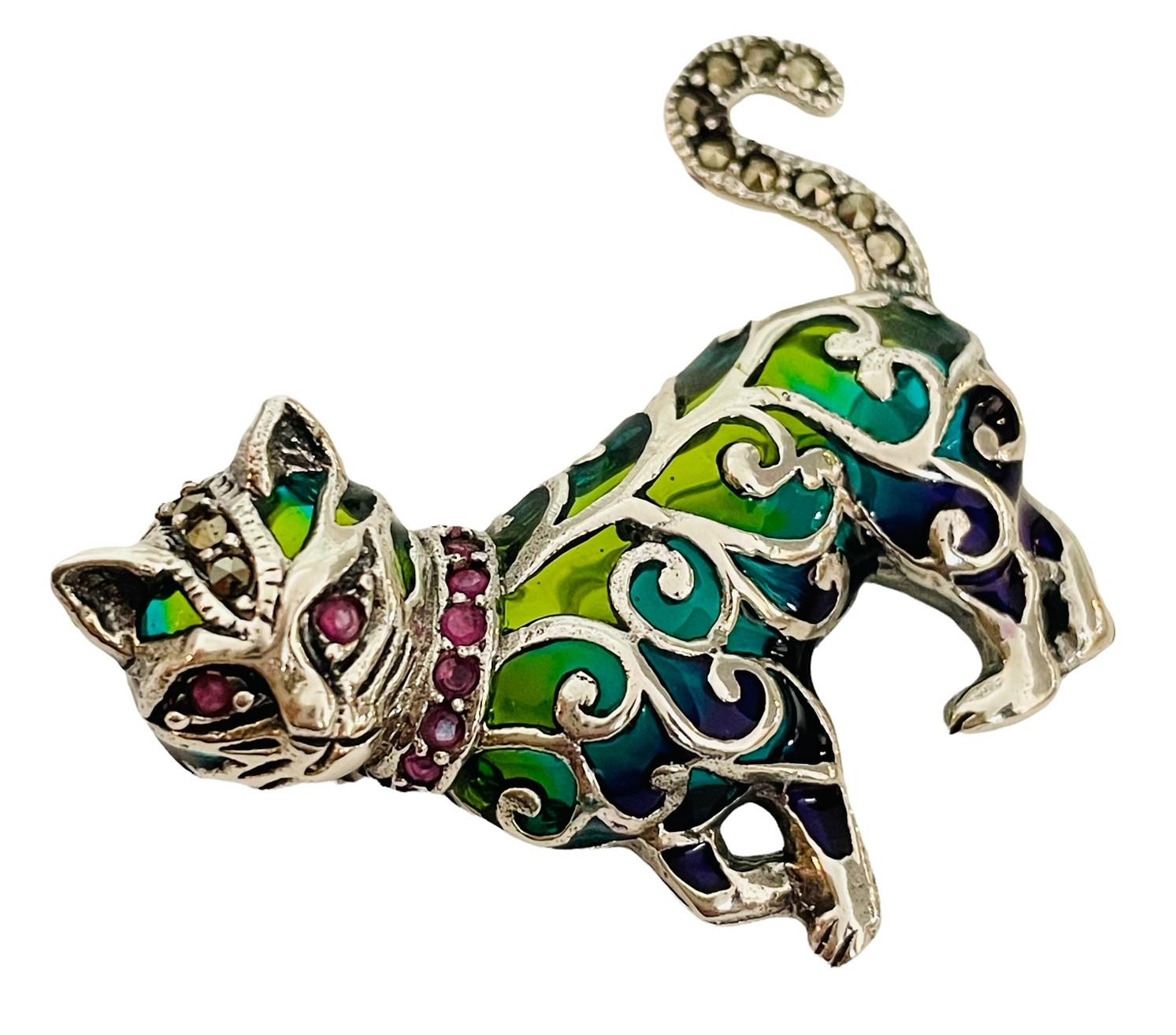 silver enamel cat brooch