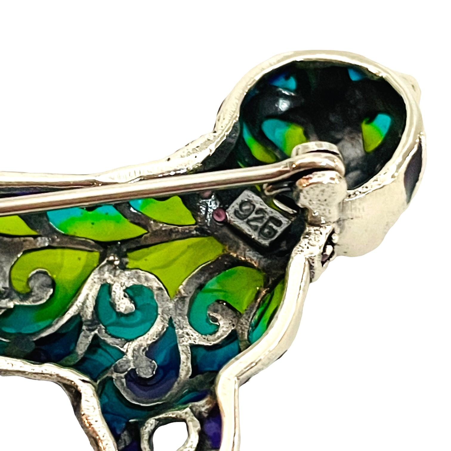 Round Cut New 925 Sterling Silver Marcasite Ruby and Green Enamel Cat Brooch